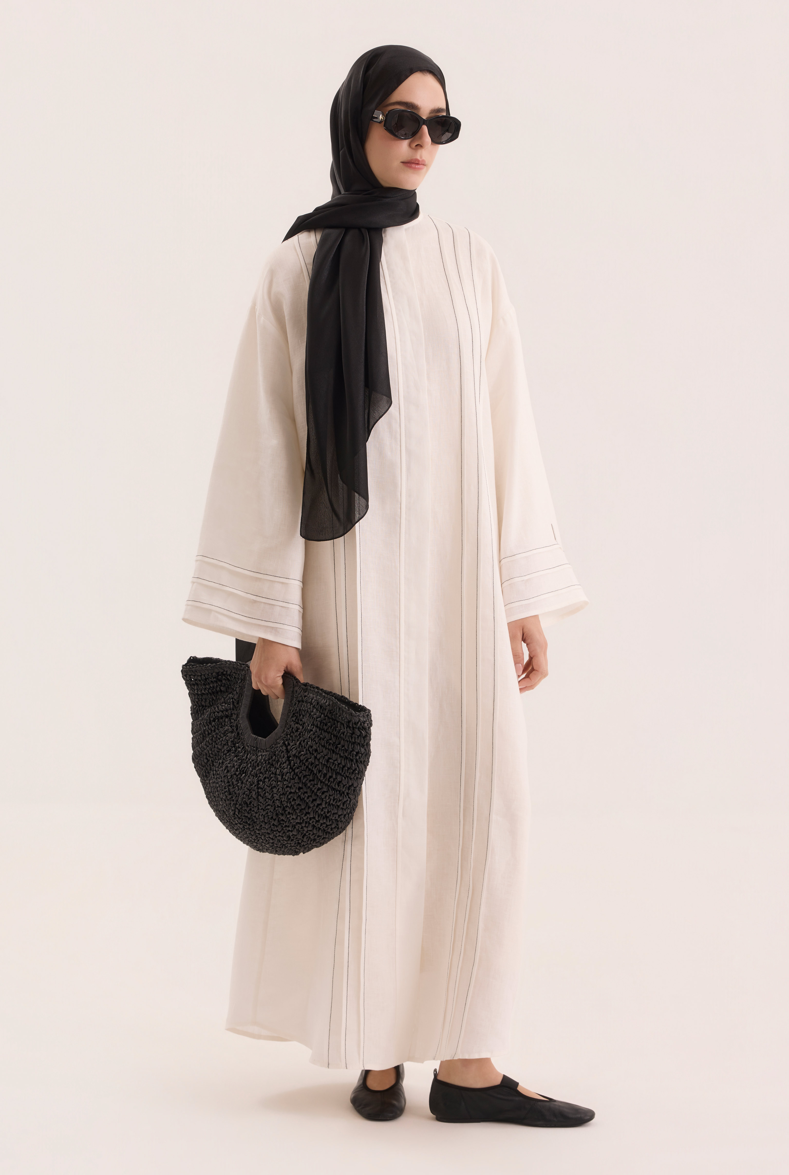 Kontrast Dikişli Abaya Beyaz - HE-QA