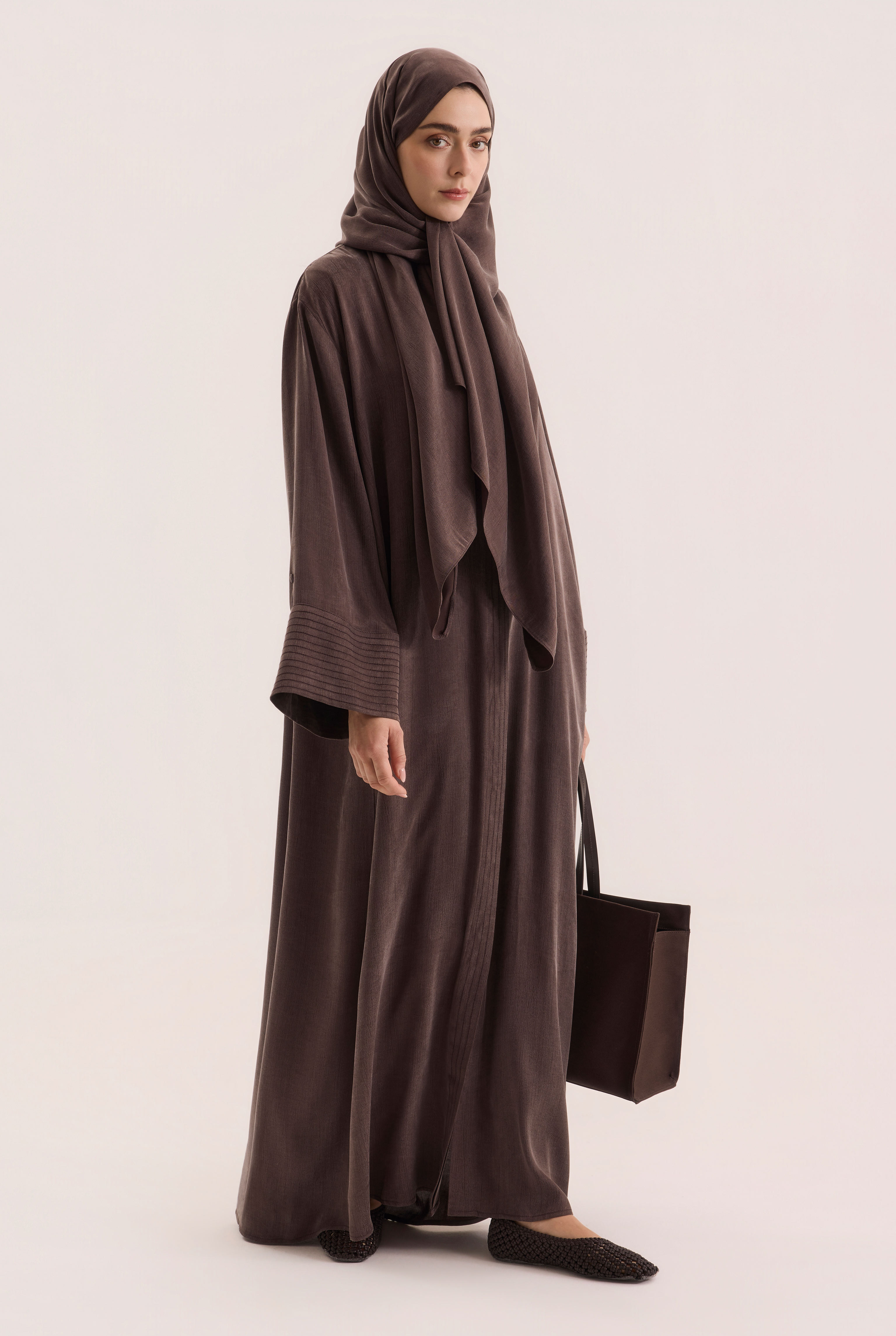 Contrast Stitch Lyocell Abaya Set Dark Brown - 1