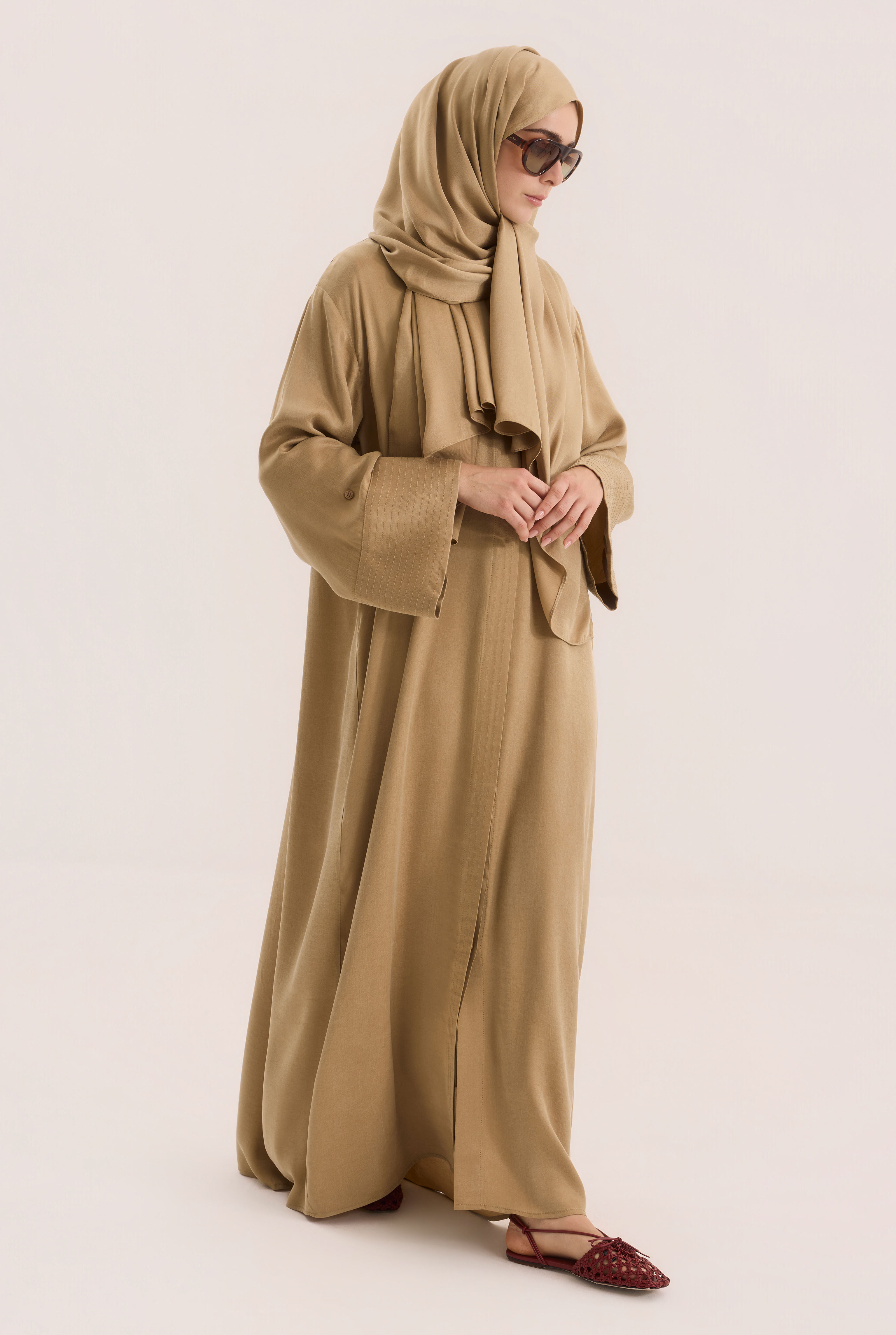 Contrast Stitch Lyocell Abaya Set Honey - 2