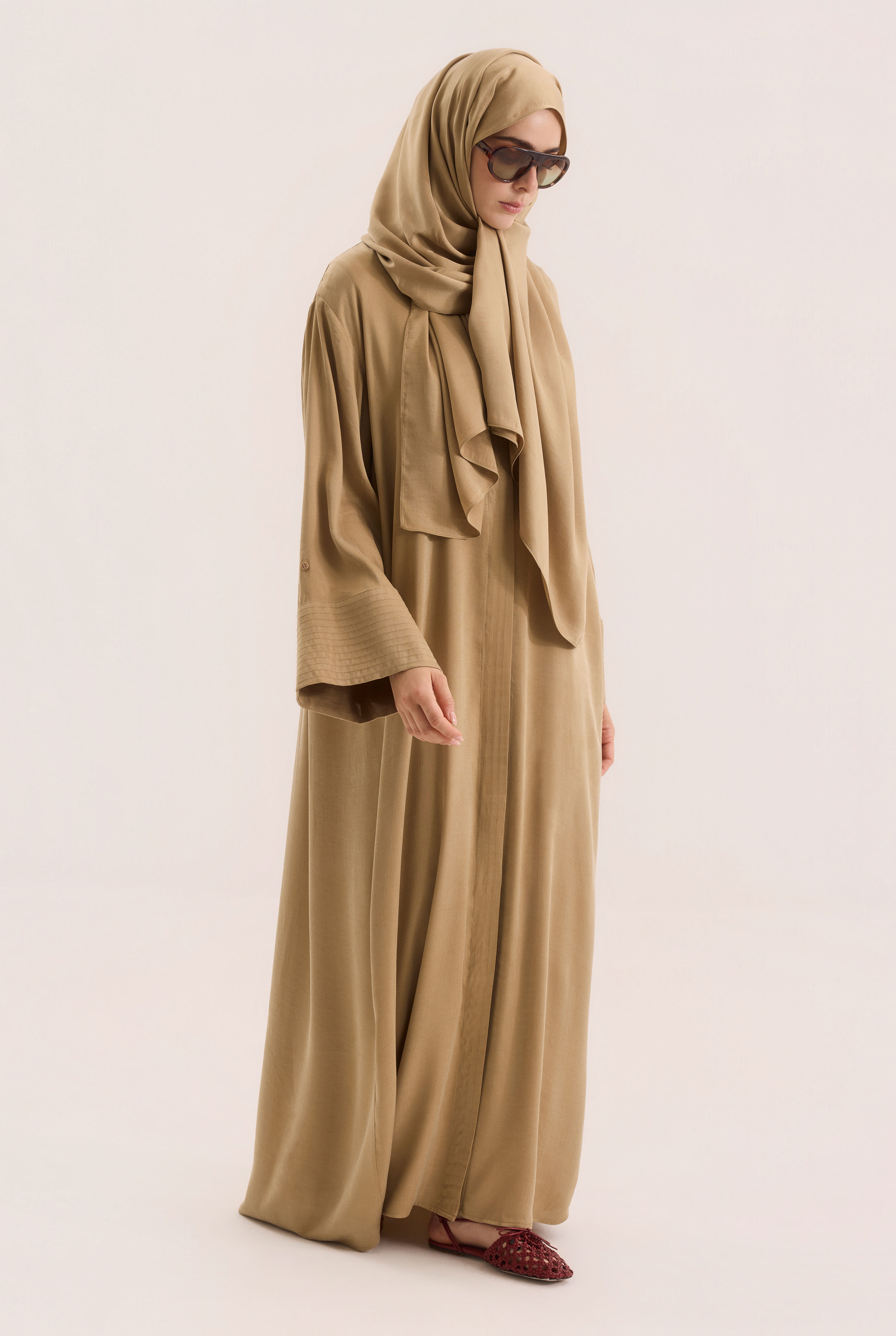 Contrast Stitch Lyocell Abaya Set Honey - 1
