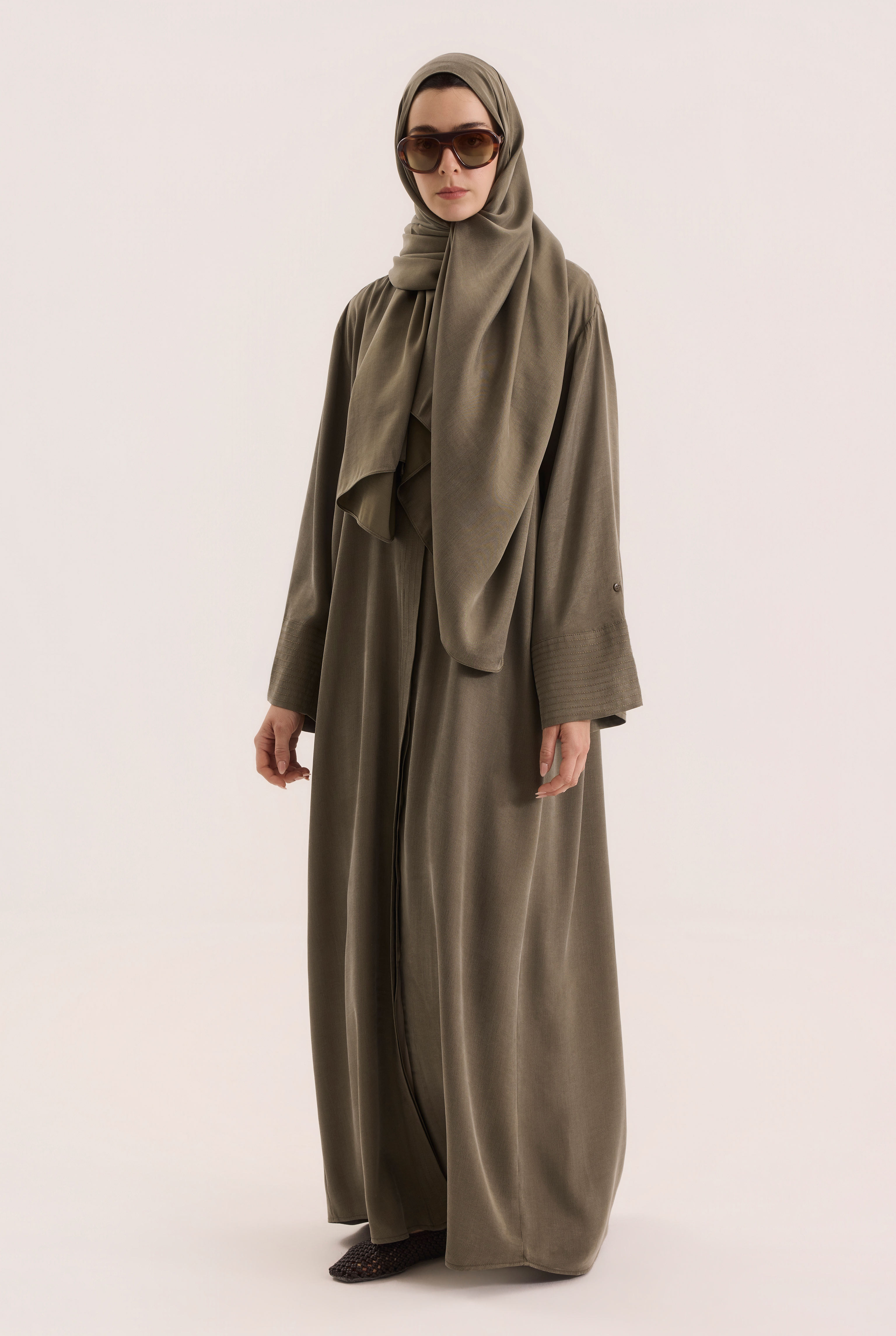 Contrast Stitch Lyocell Abaya Set Moss Green - HE-QA