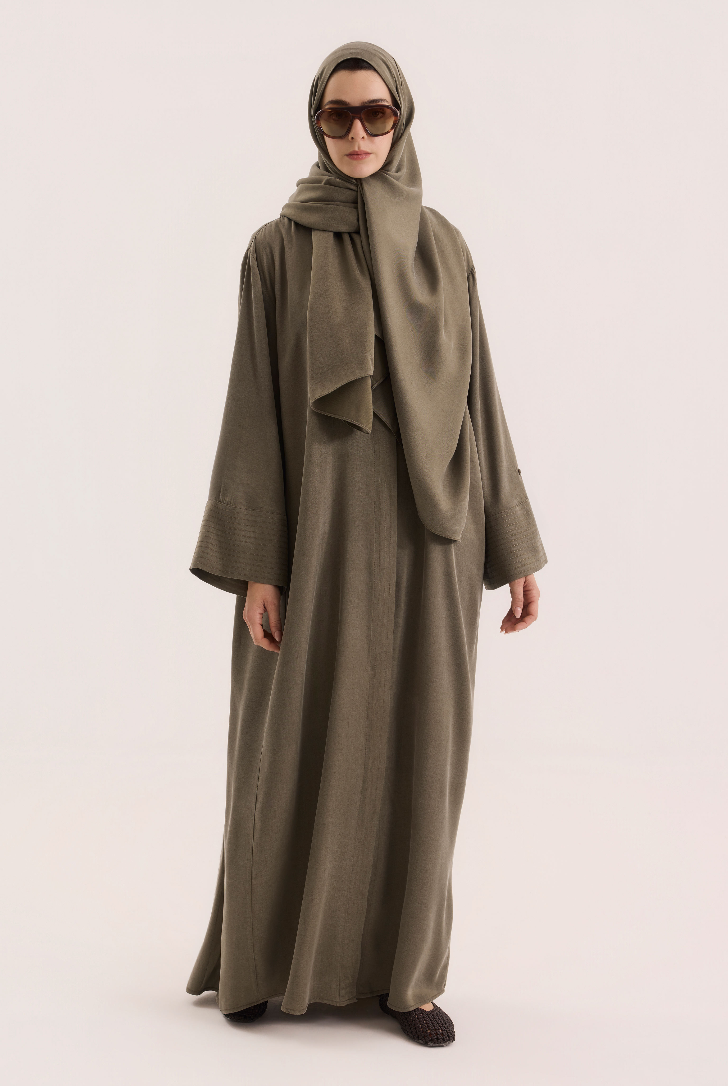 Contrast Stitch Lyocell Abaya Set Moss Green - 4