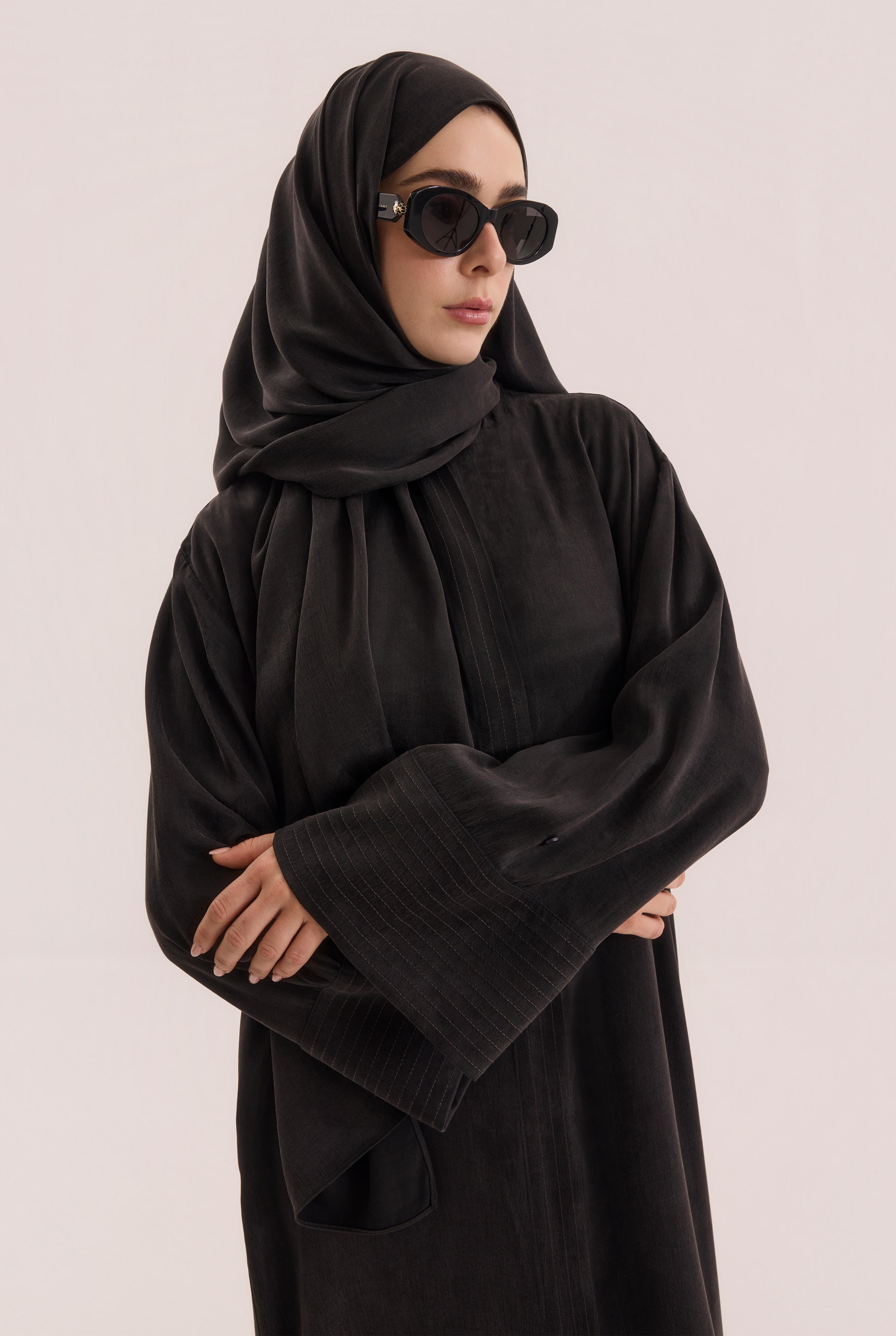Contrast Stitch Lyocell Abaya Set Black - 5