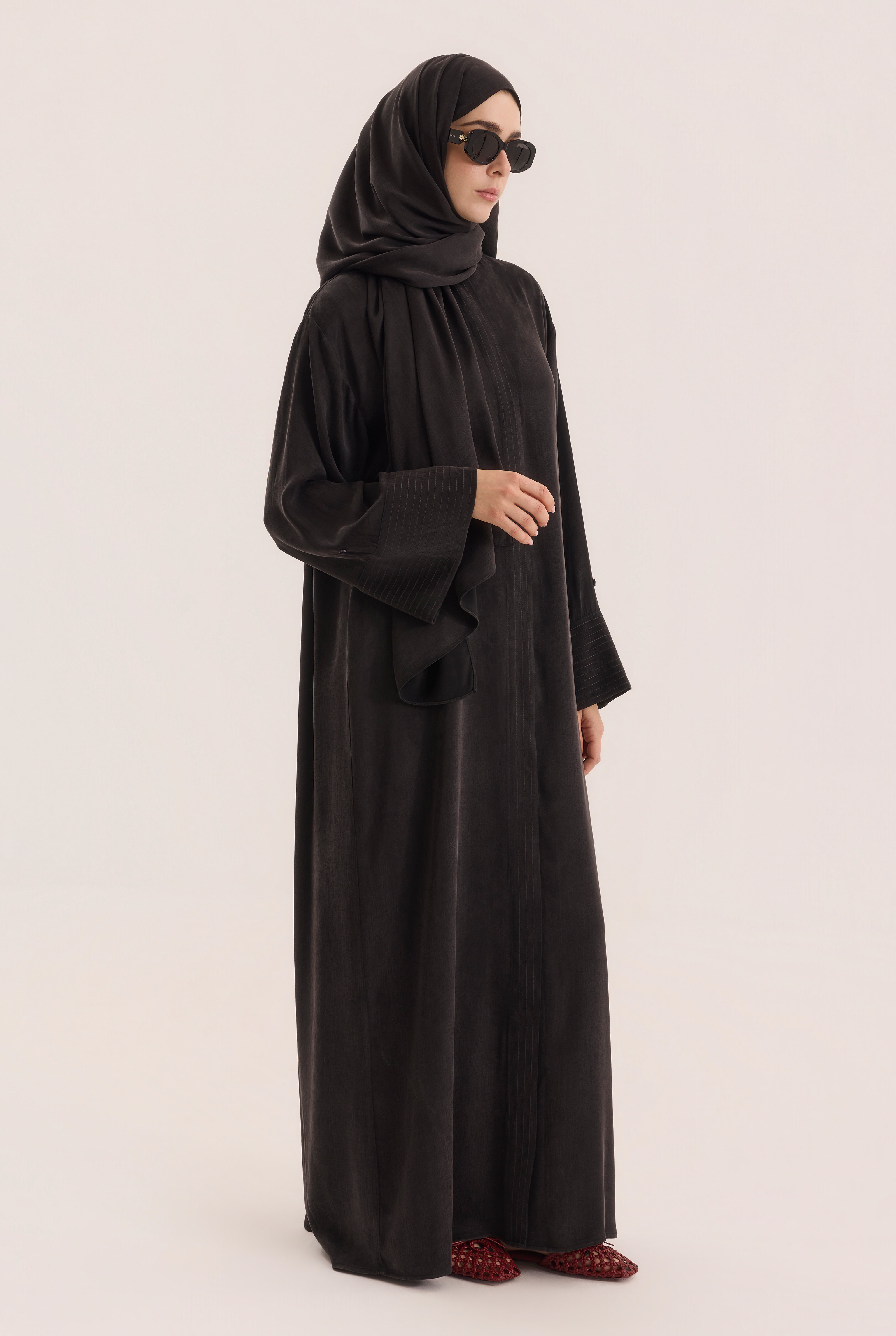 Contrast Stitch Lyocell Abaya Set Black - 3