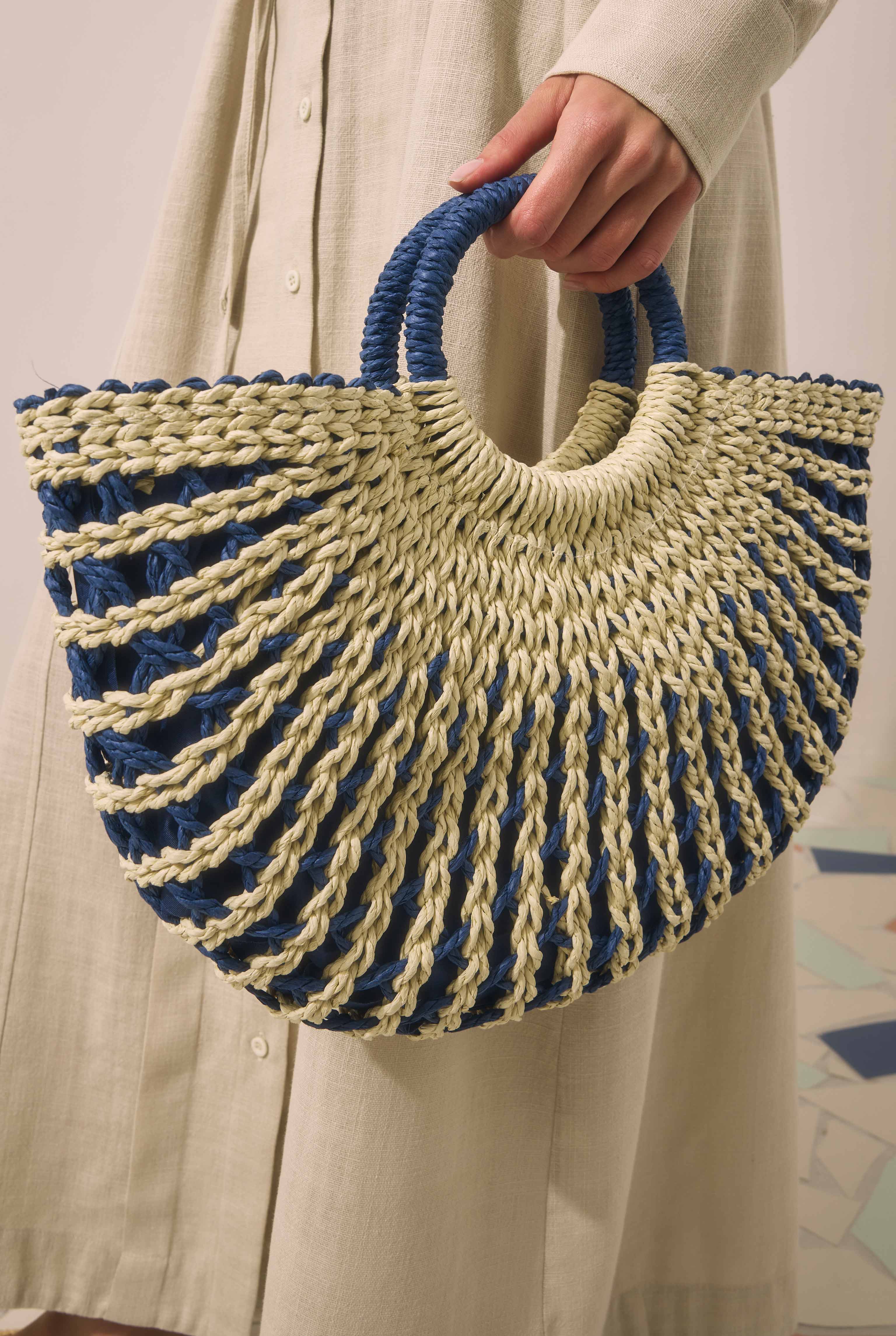 Straw Basket Bag Navy Blue - 4