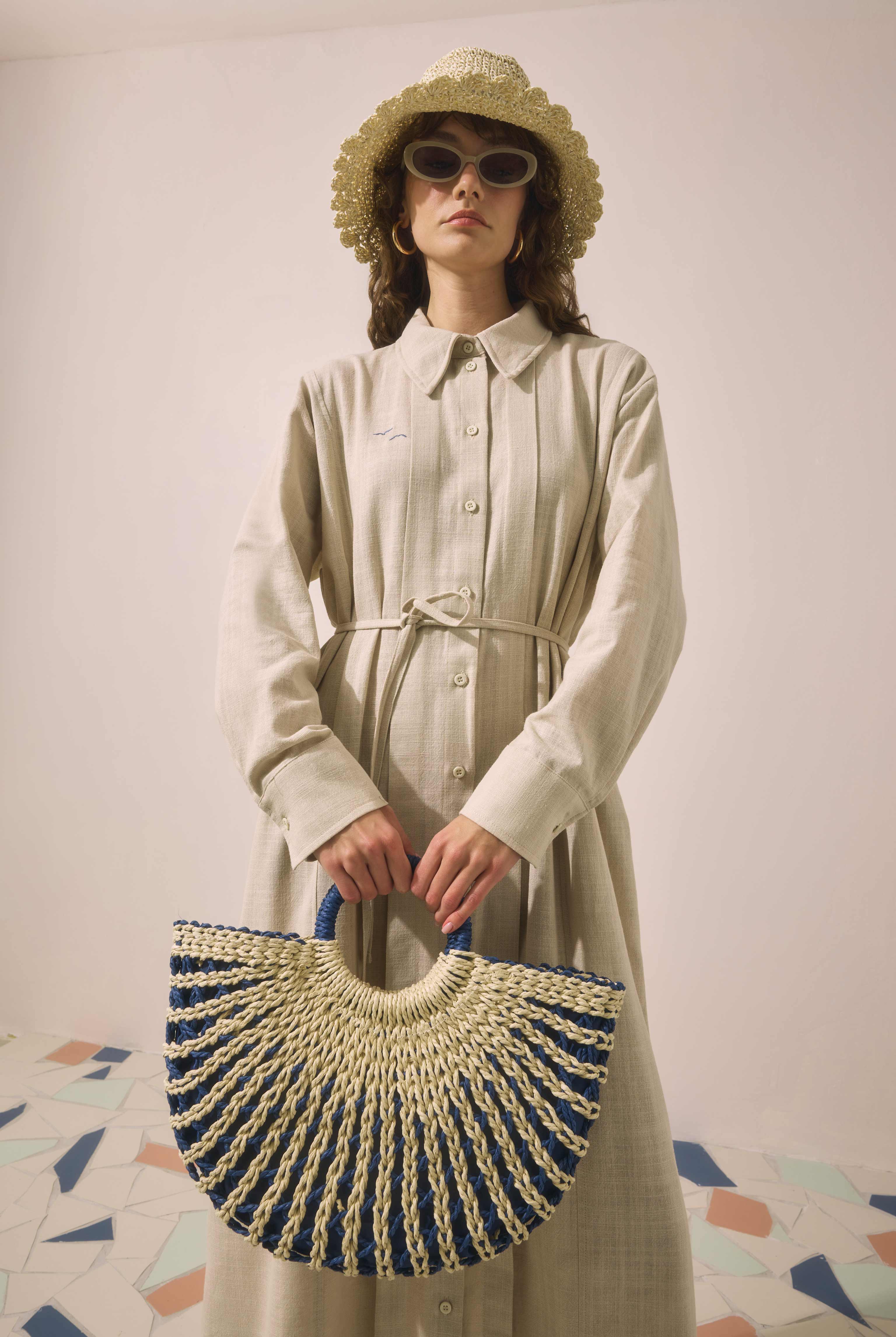 Straw Basket Bag Navy Blue - 5