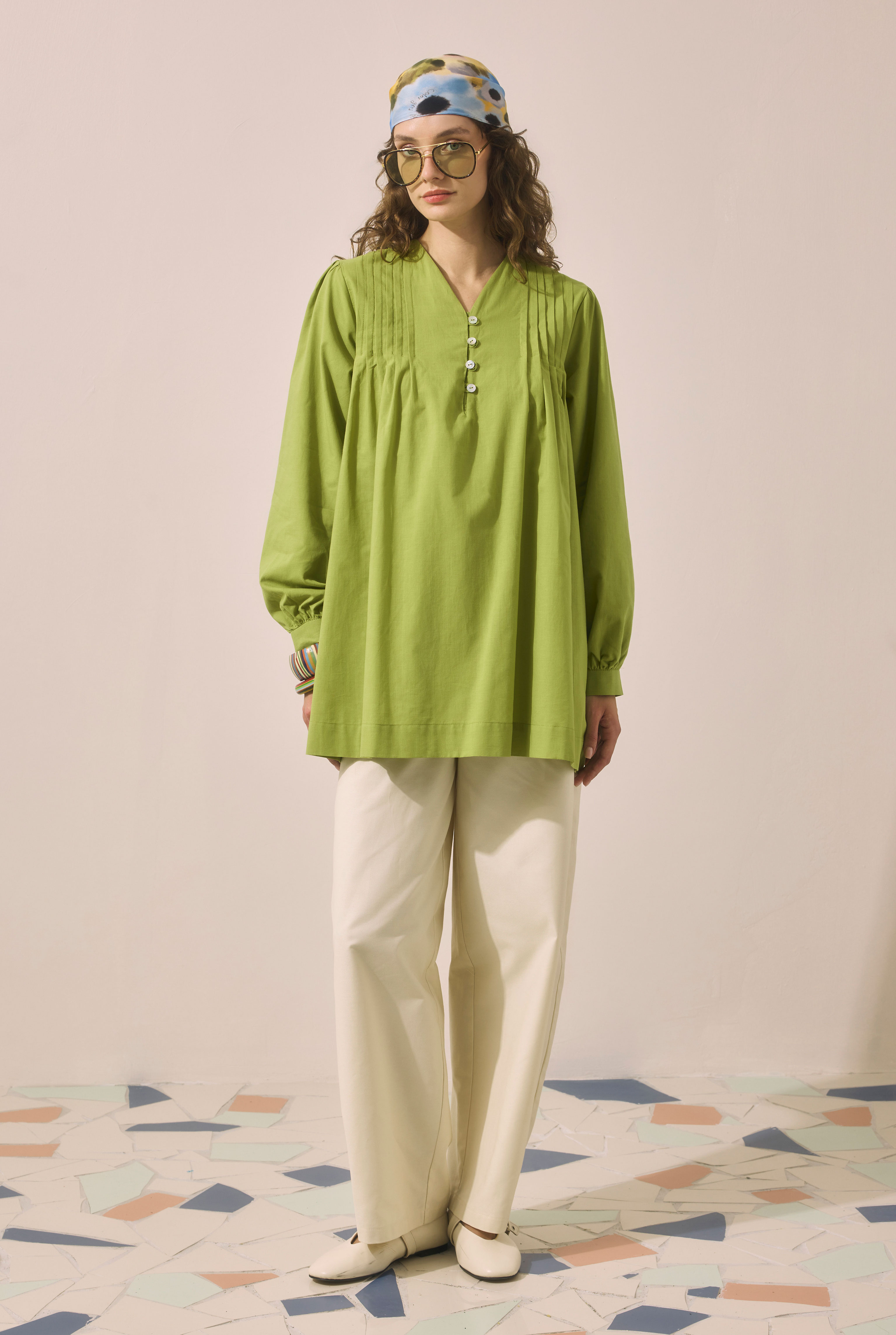 Pintuck Detail Voile Tunic Avokado - 2