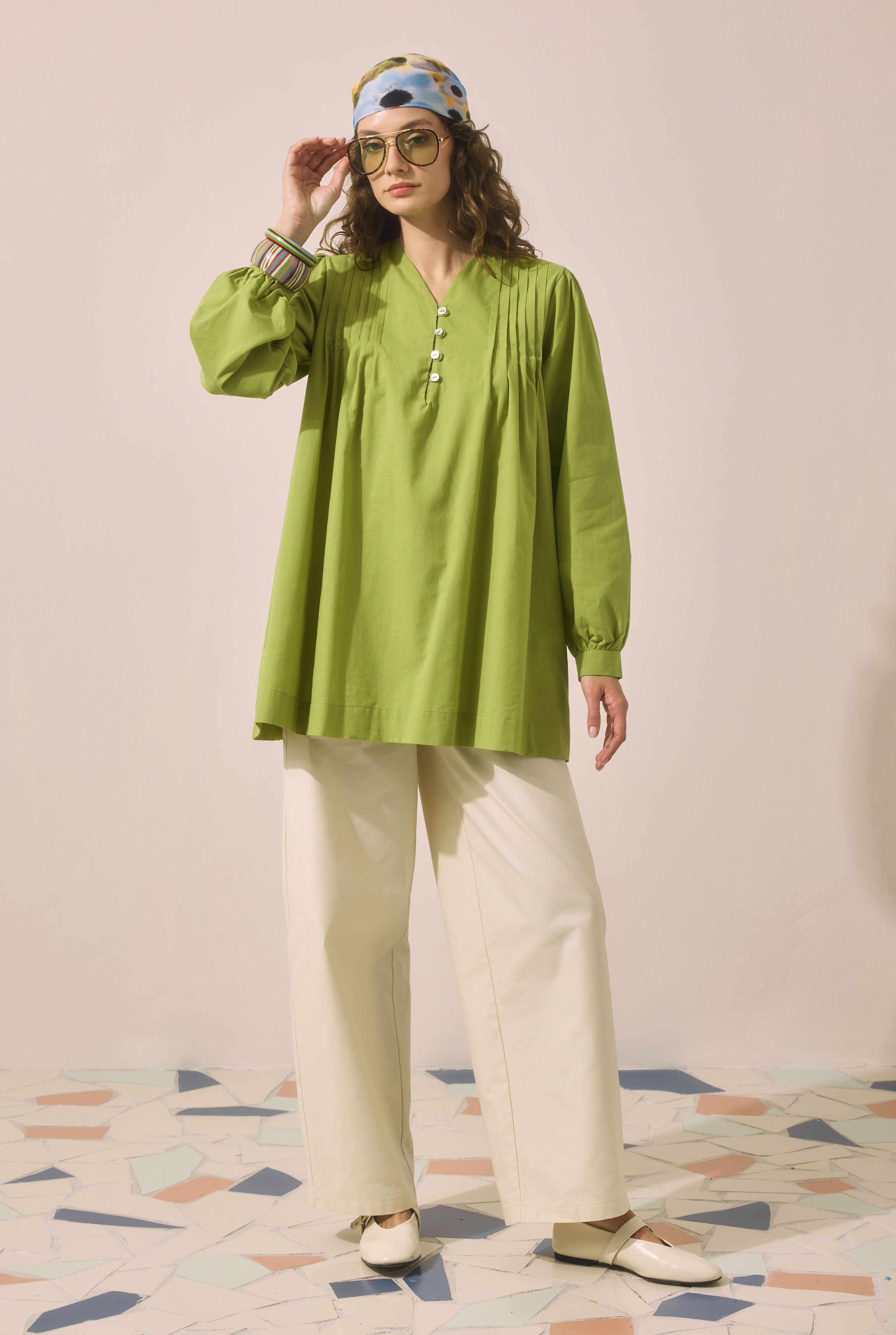 Pintuck Detail Voile Tunic Avokado - 3