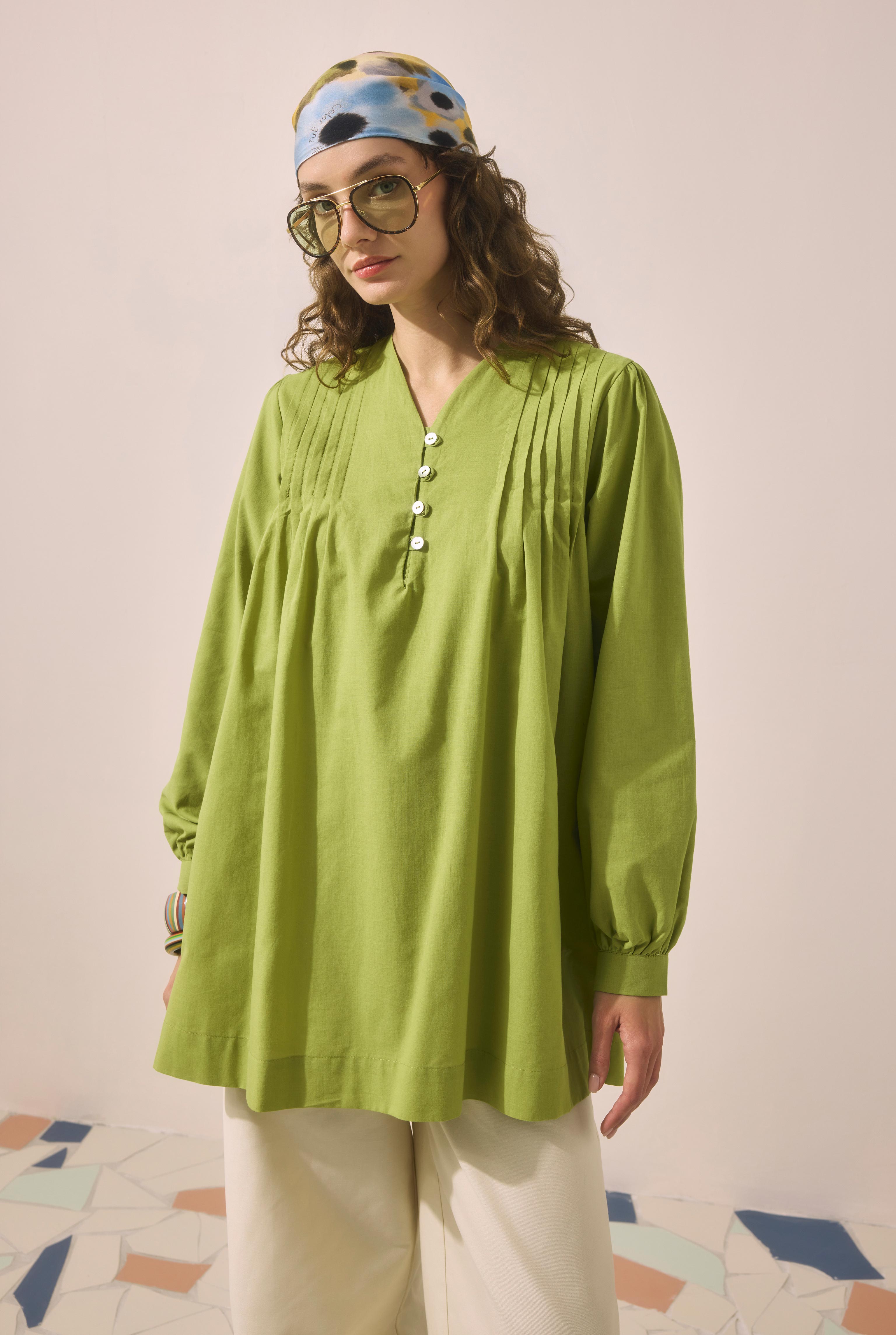 Pintuck Detail Voile Tunic Avokado - 4