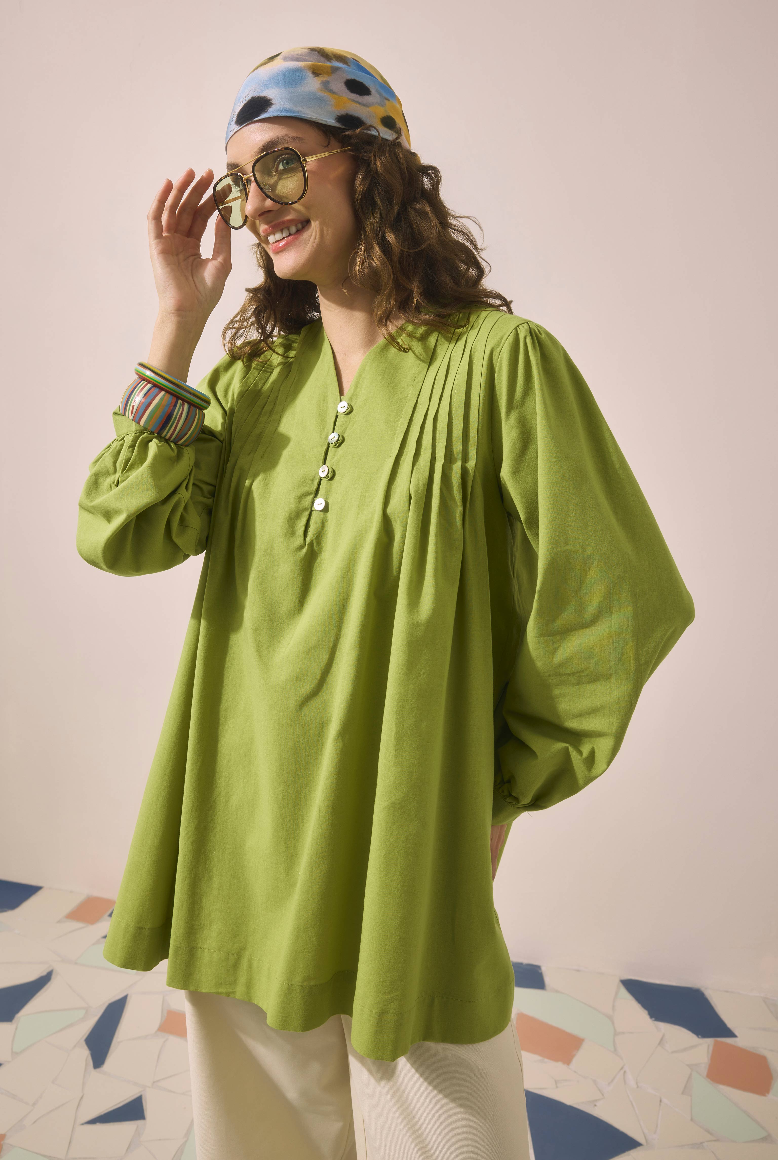 Pintuck Detail Voile Tunic Avokado - HE-QA