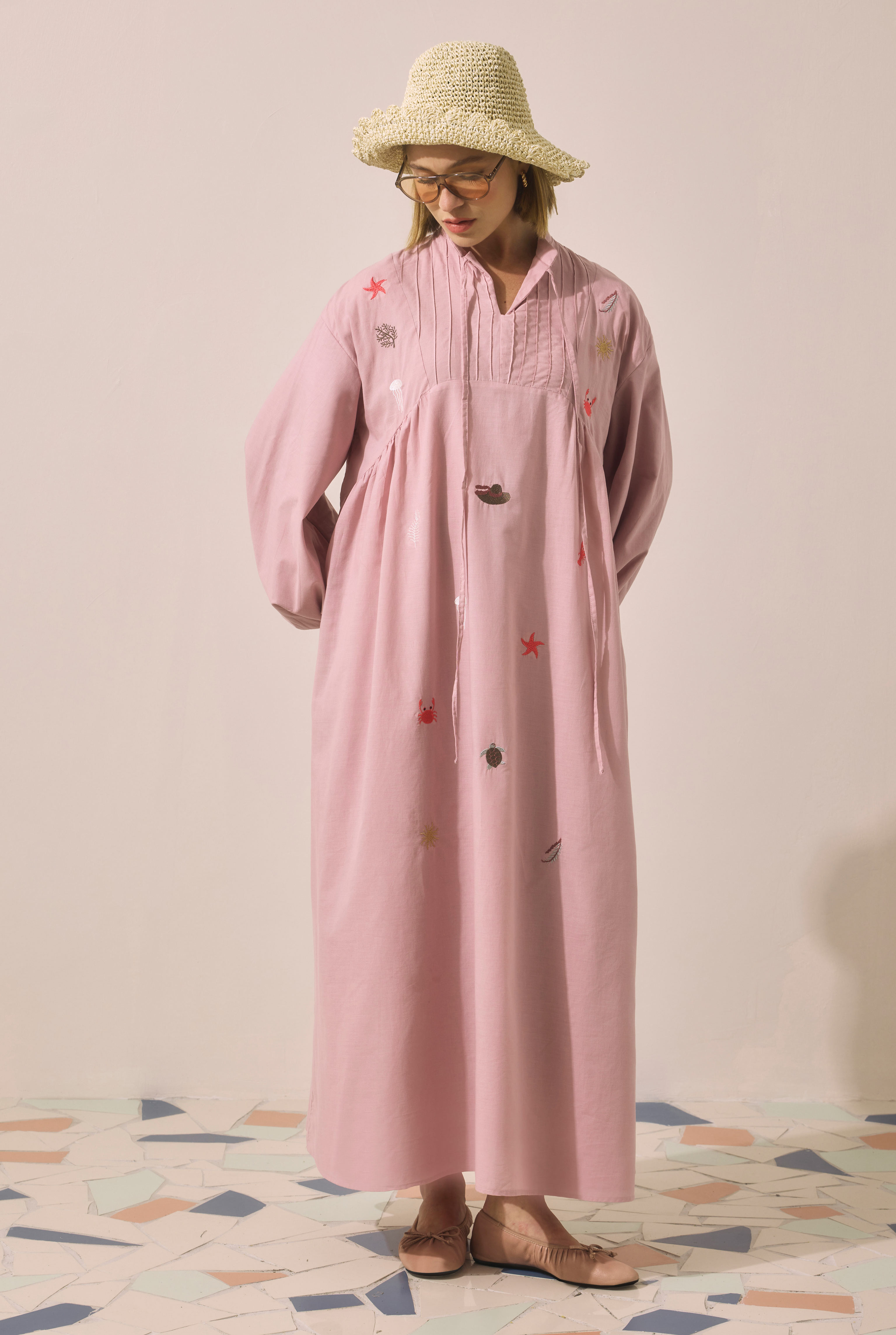 Natural Embroidered Voile Dress Rose - 1