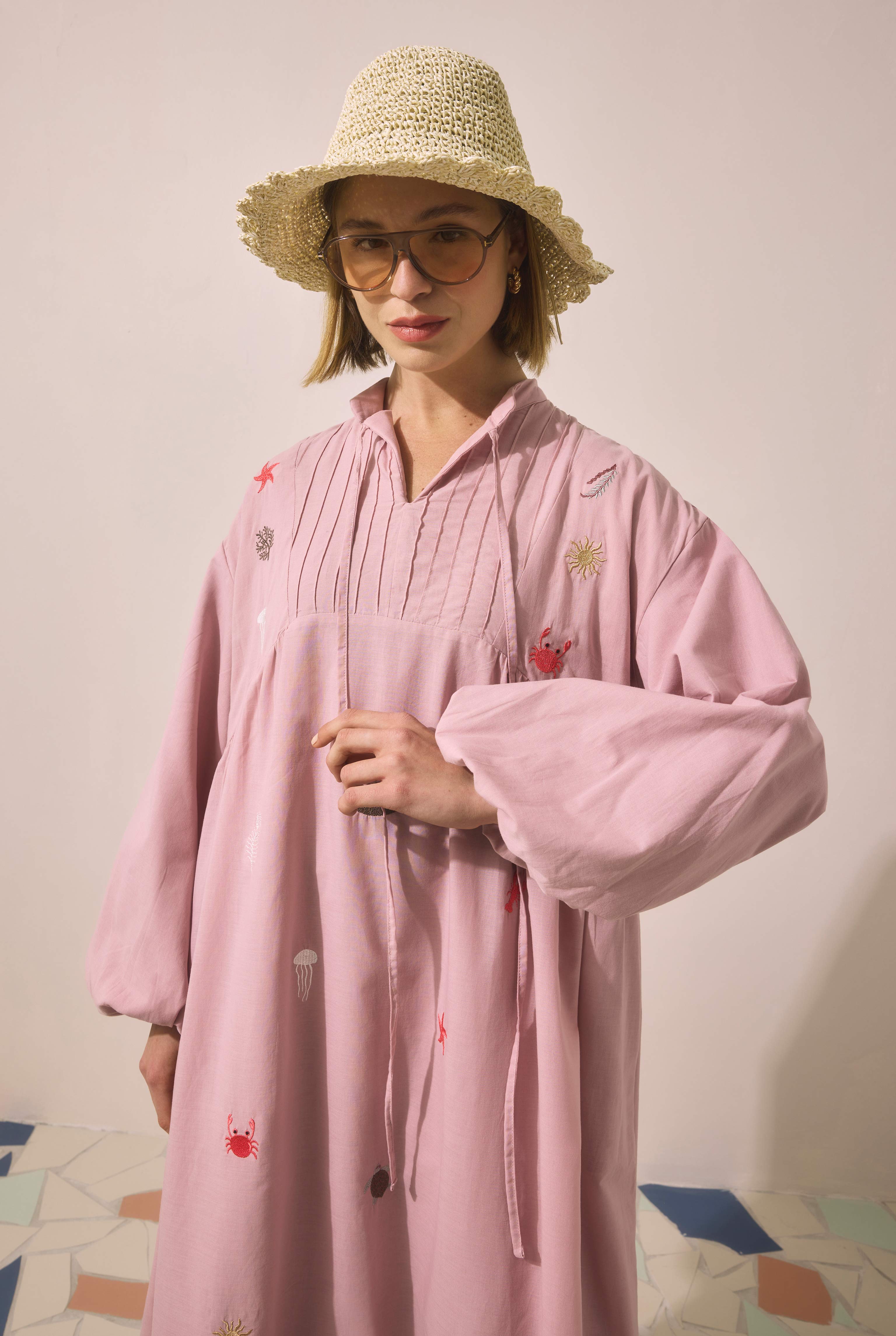 Natural Embroidered Voile Dress Rose - 6