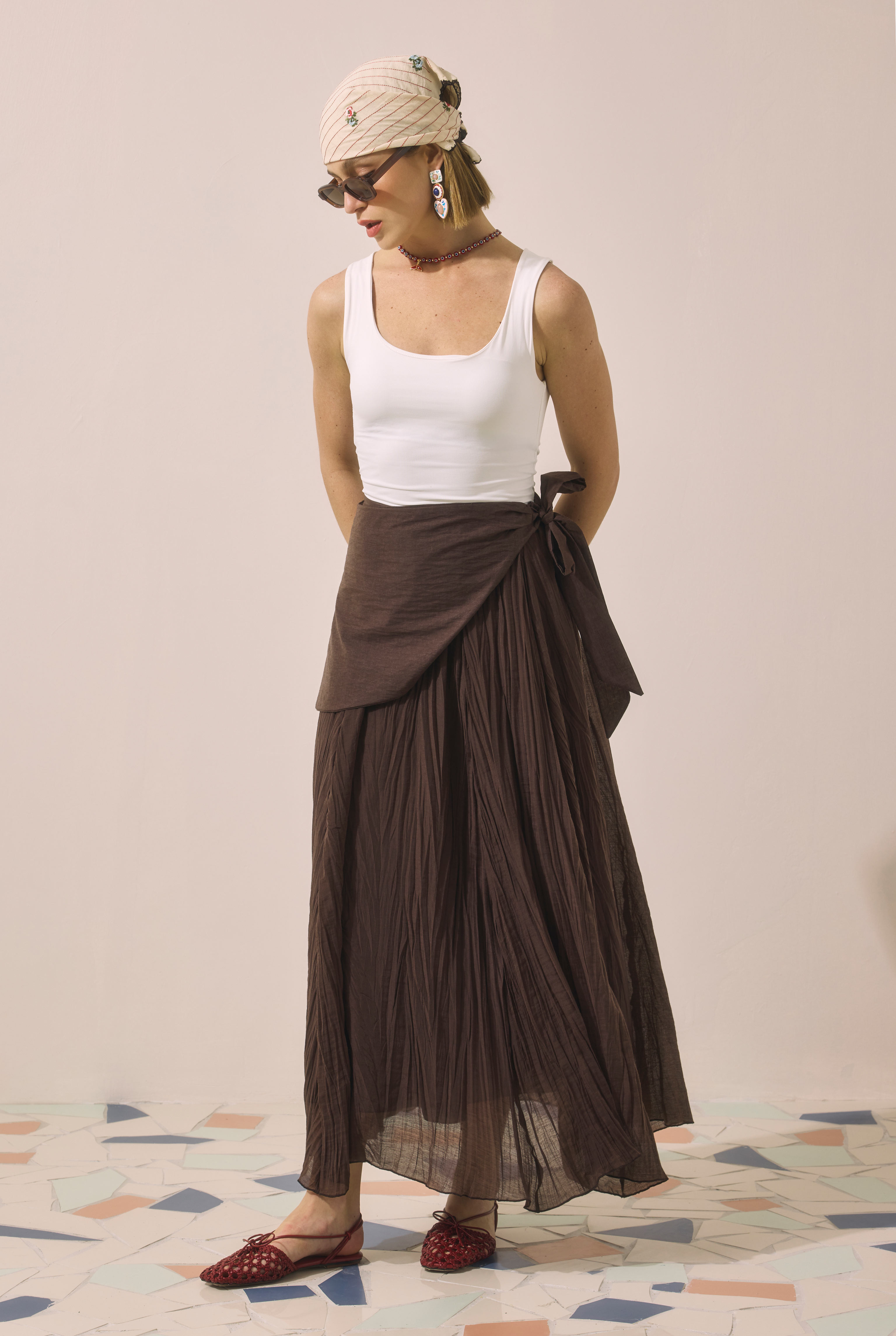 Tie Detail Layered Skirt Dark Brown - 4