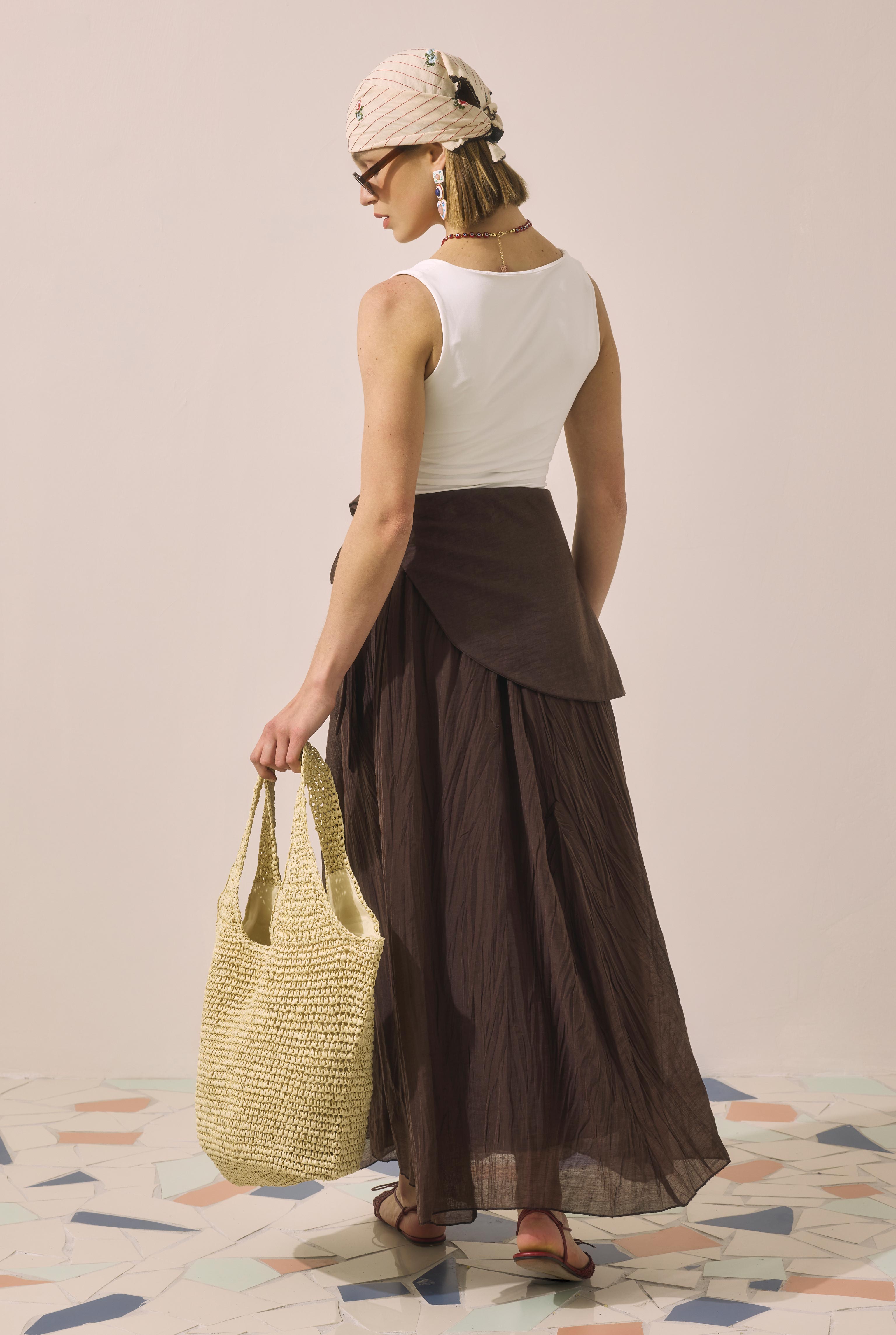 Tie Detail Layered Skirt Dark Brown - 6