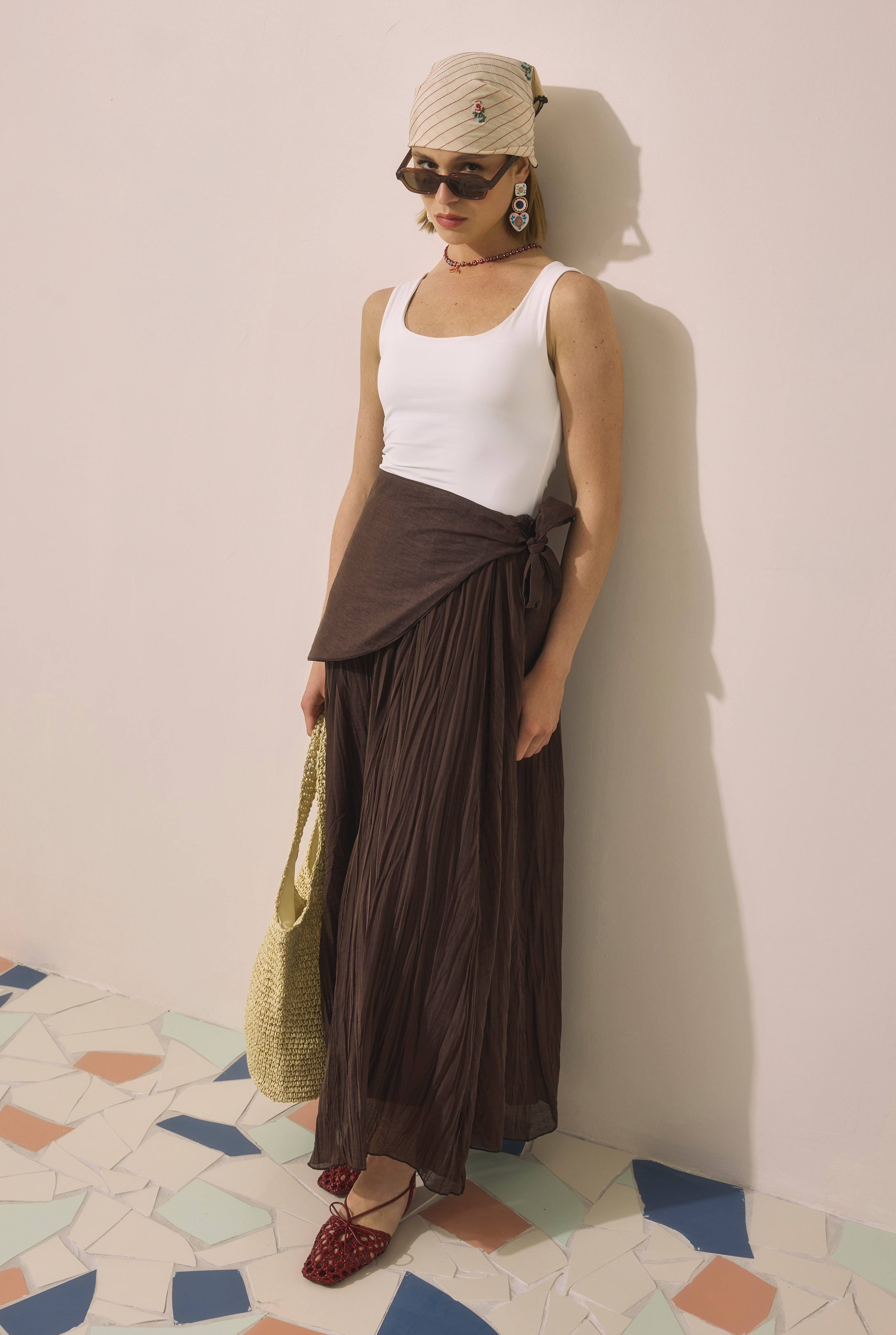 Tie Detail Layered Skirt Dark Brown - 2