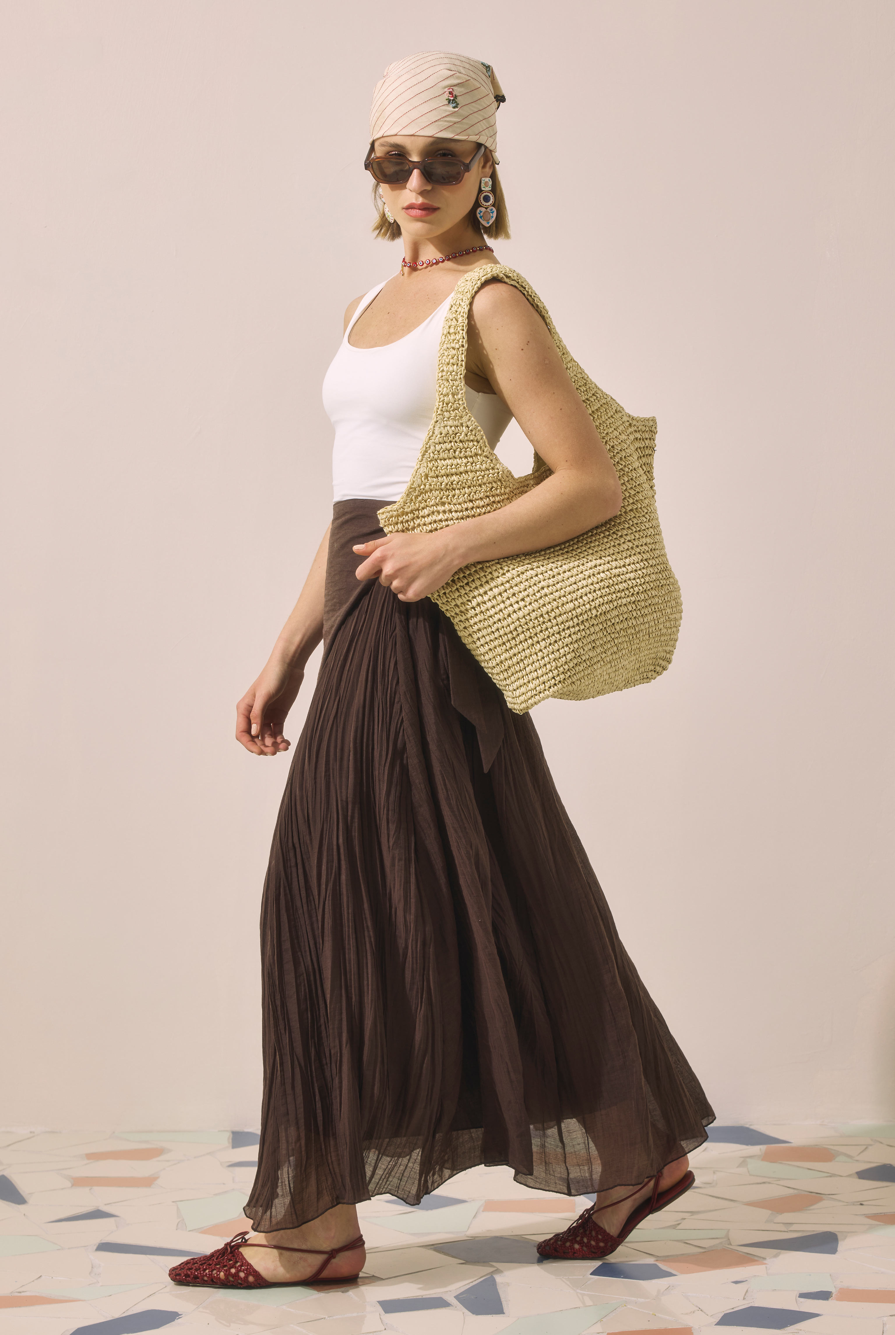 Tie Detail Layered Skirt Dark Brown - 5
