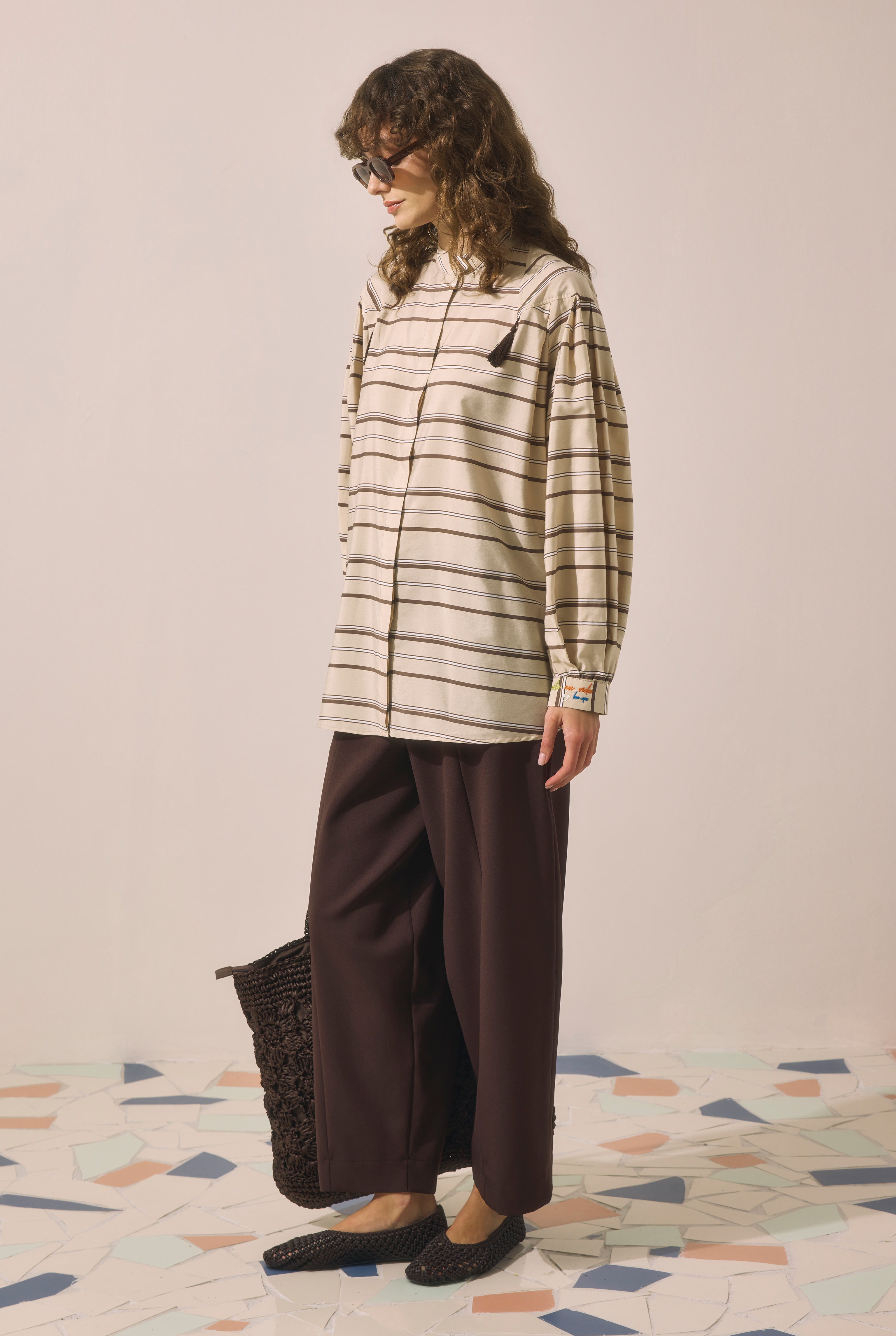 Striped Balloon Sleeve Shirt Light Mink - 2