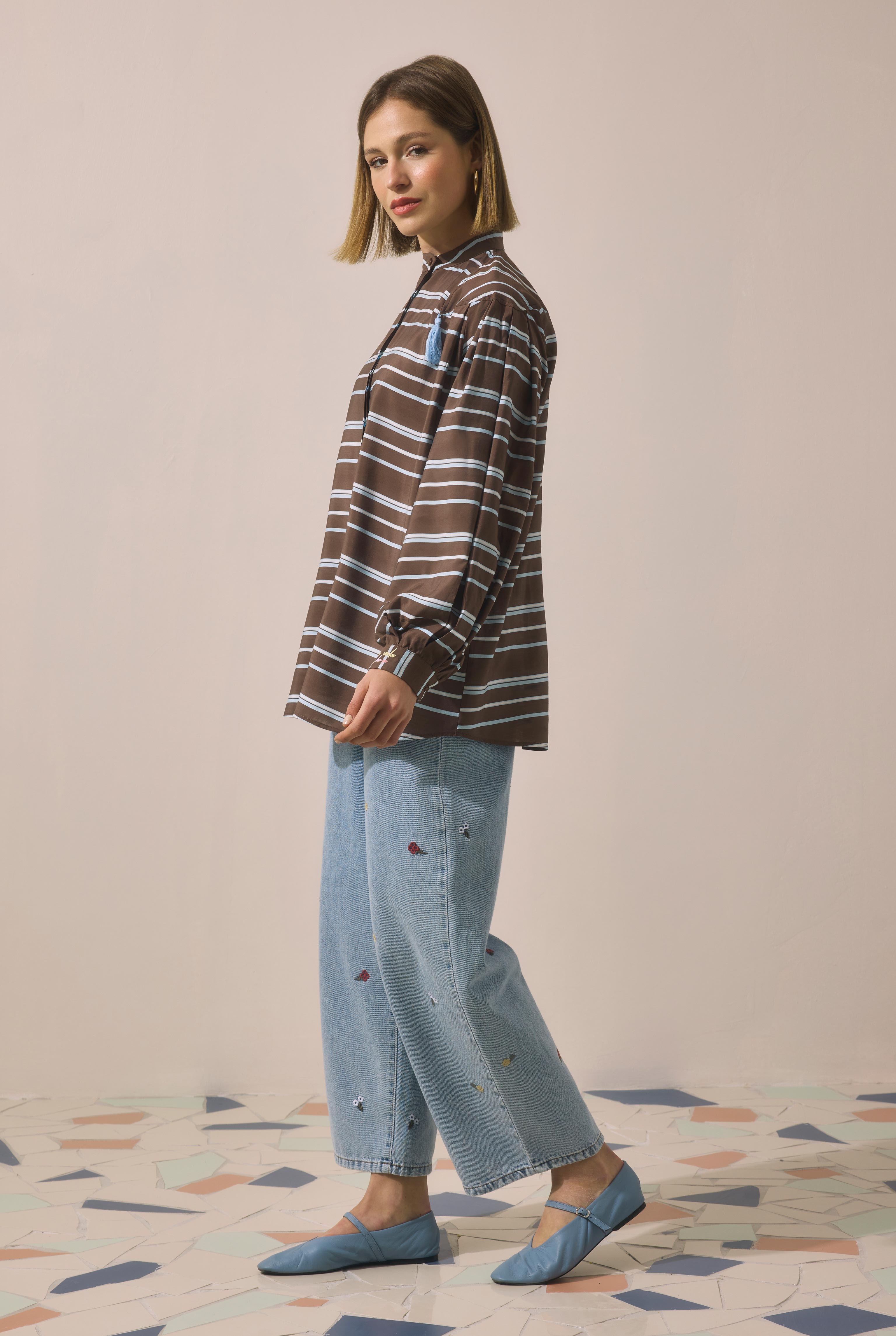 Striped Balloon Sleeve Shirt Brown - 3