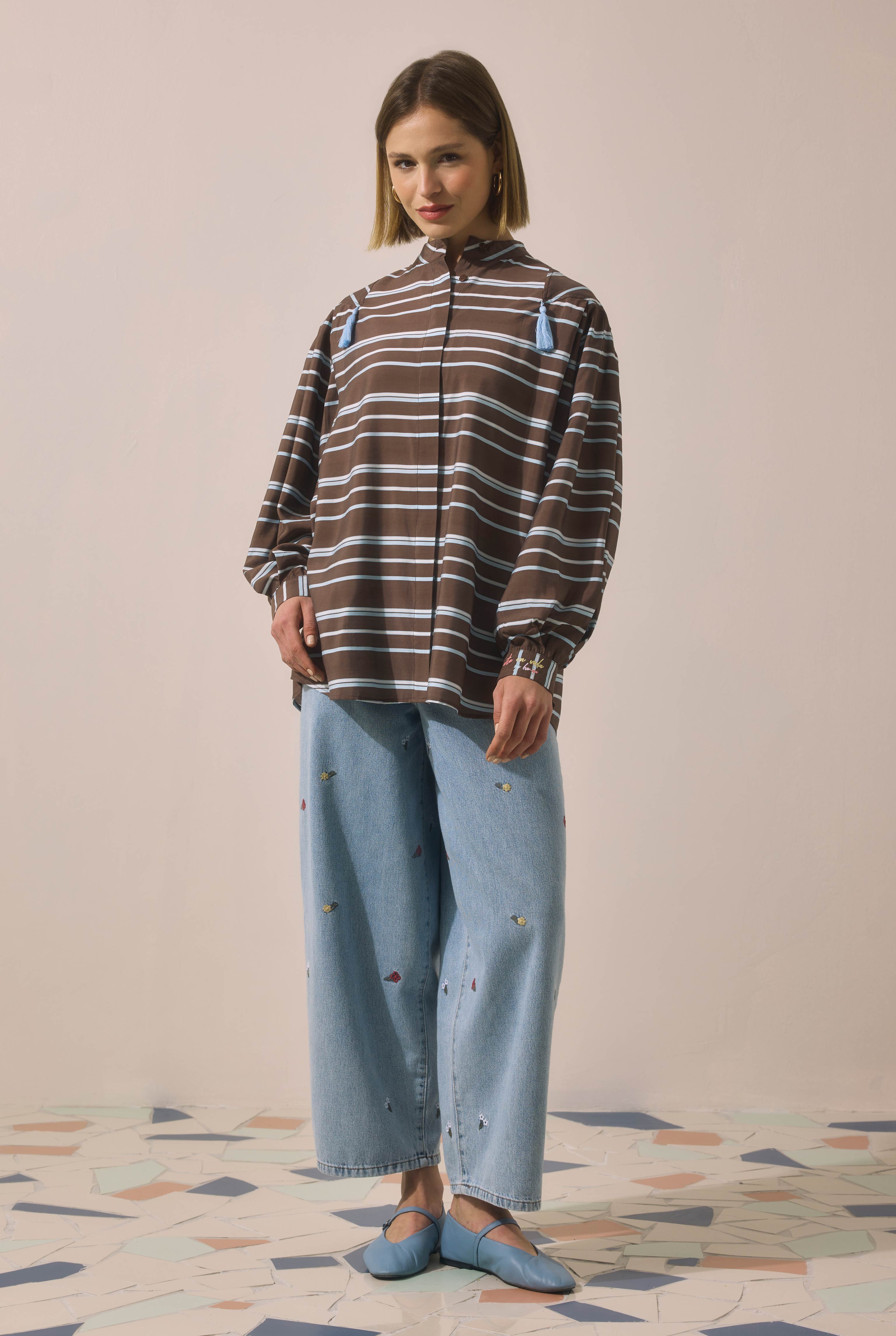 Striped Balloon Sleeve Shirt Brown - 2