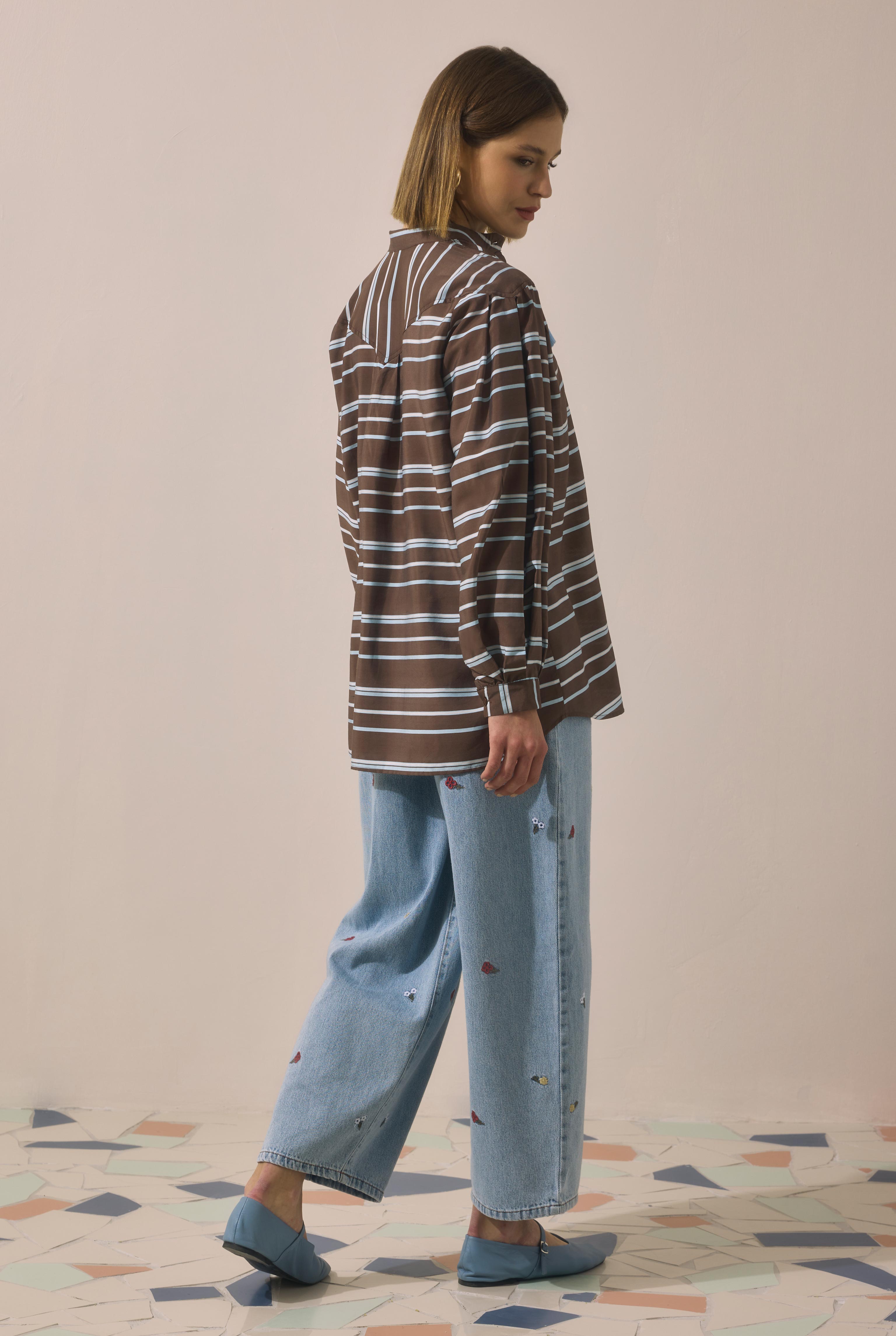Striped Balloon Sleeve Shirt Brown - 7