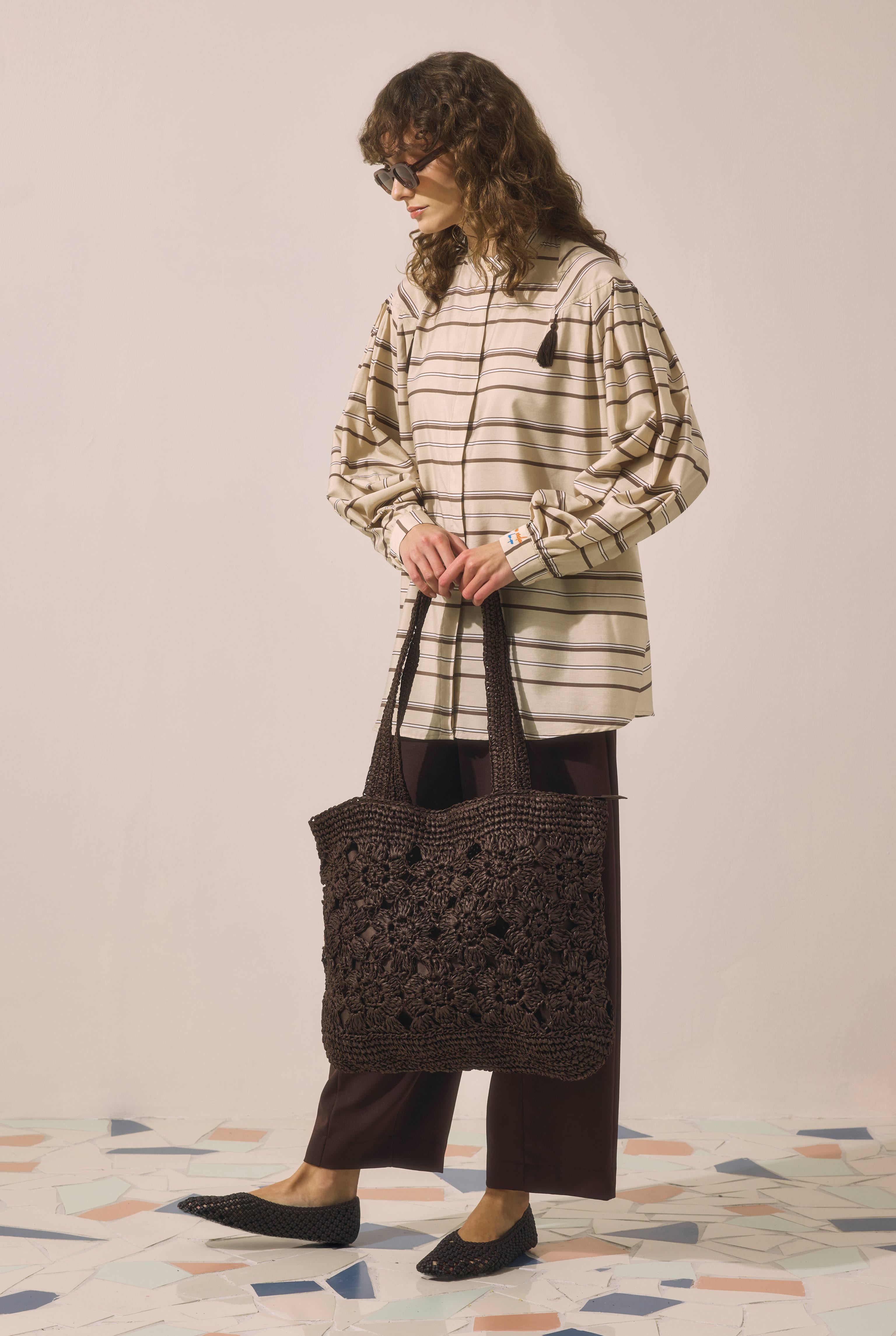 Flower Motif Straw Bag Brown - 2
