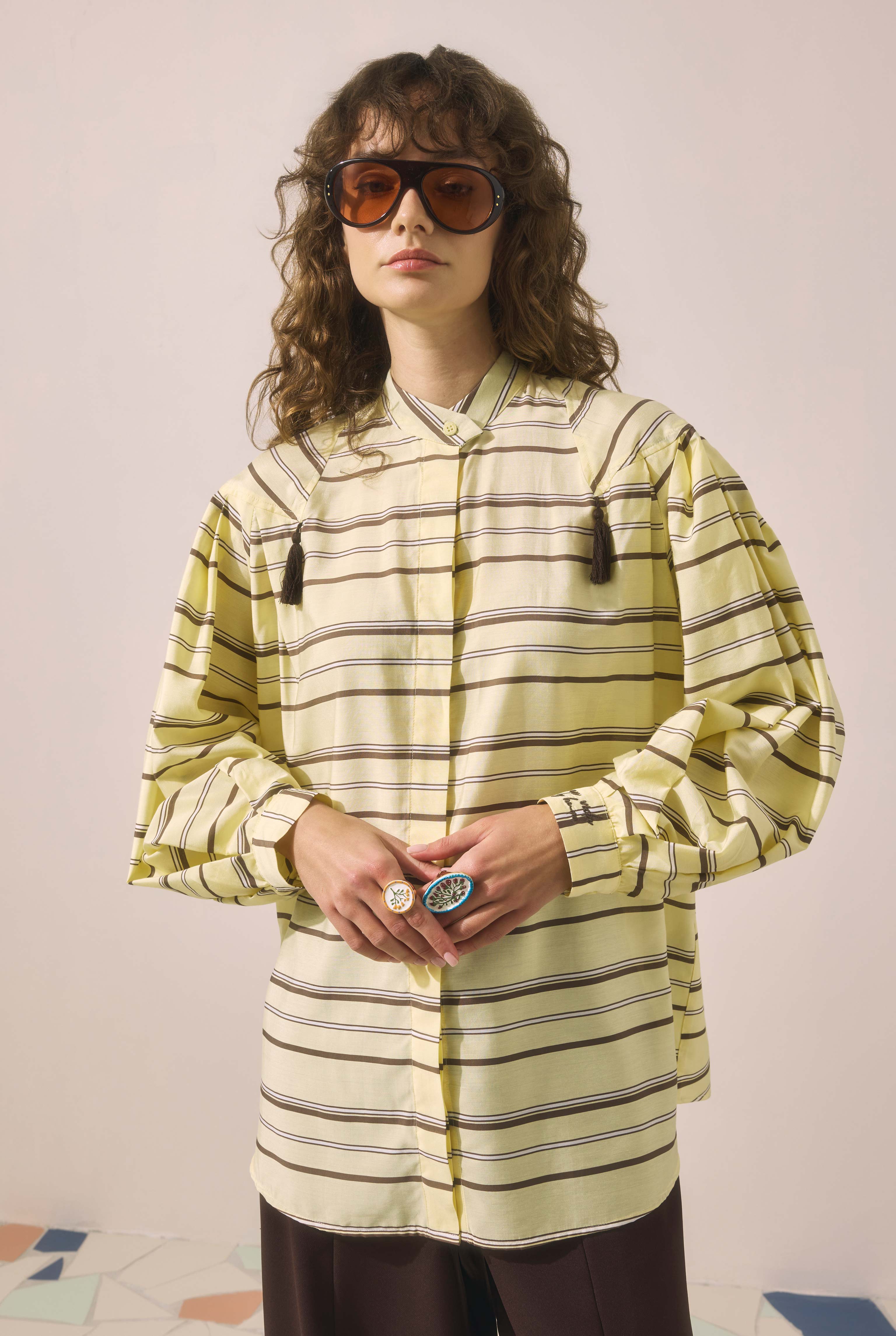 Striped Balloon Sleeve Shirt Soft Yellow - 2