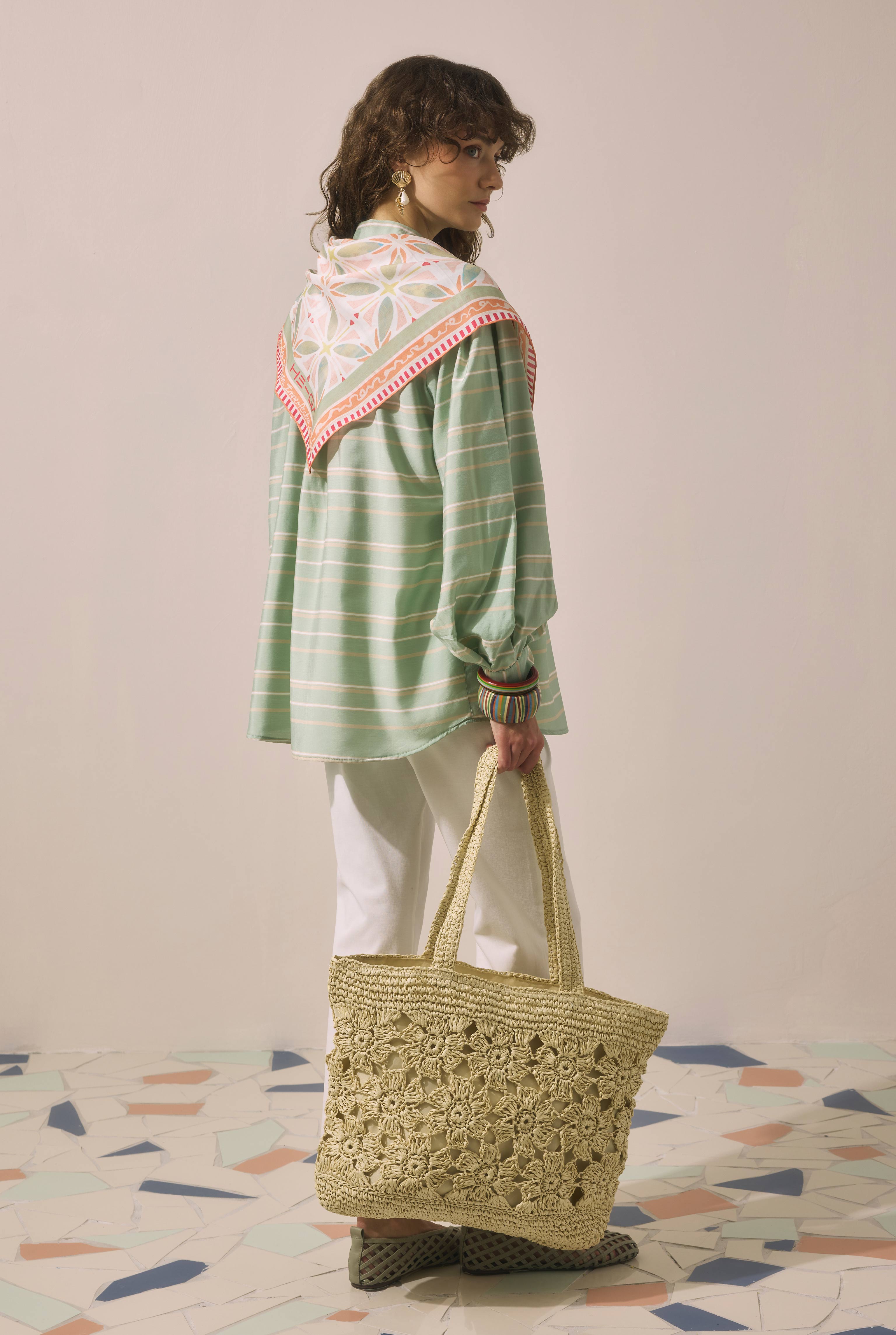 Flower Motif Straw Bag Beige - 4