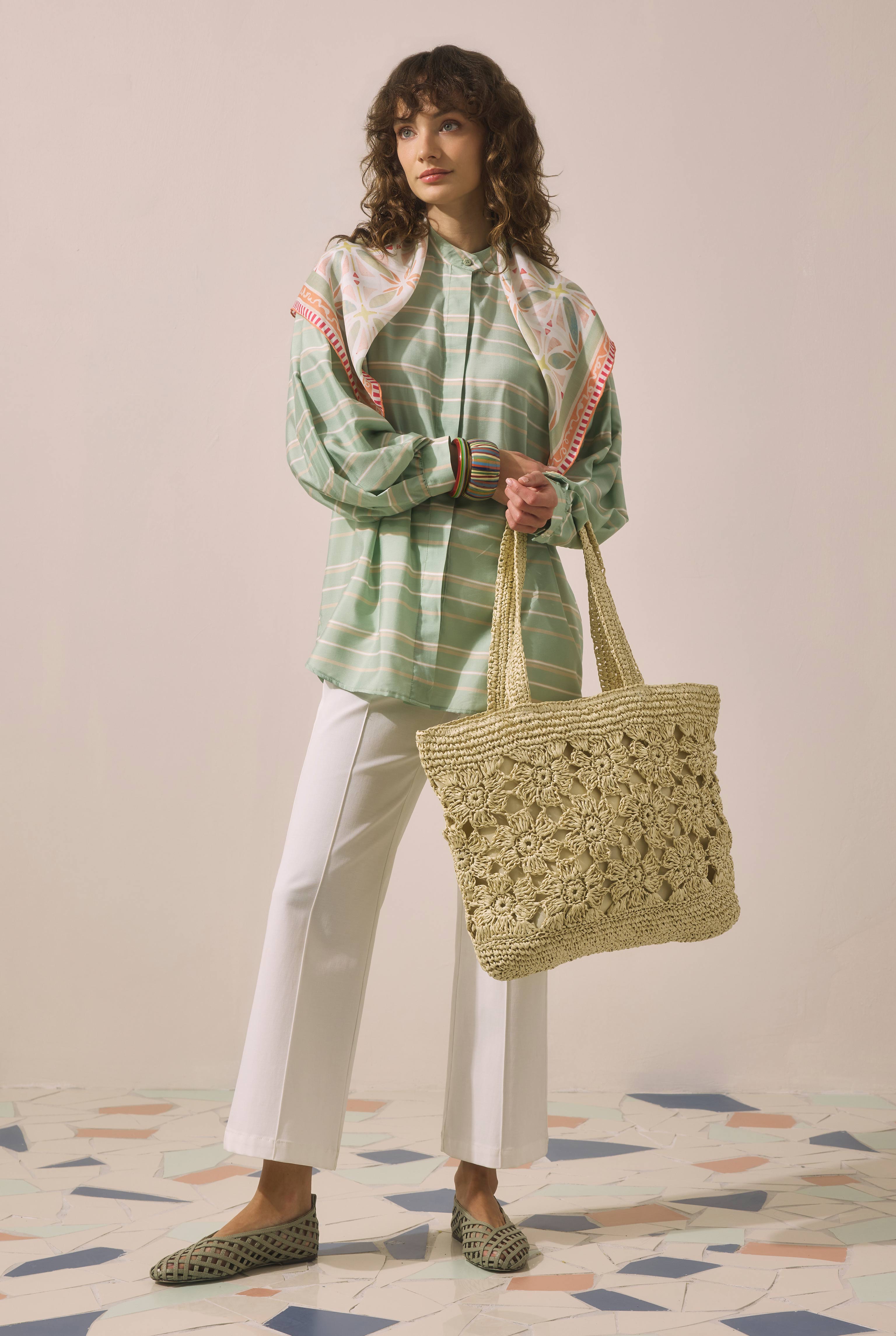 Flower Motif Straw Bag Beige - 5