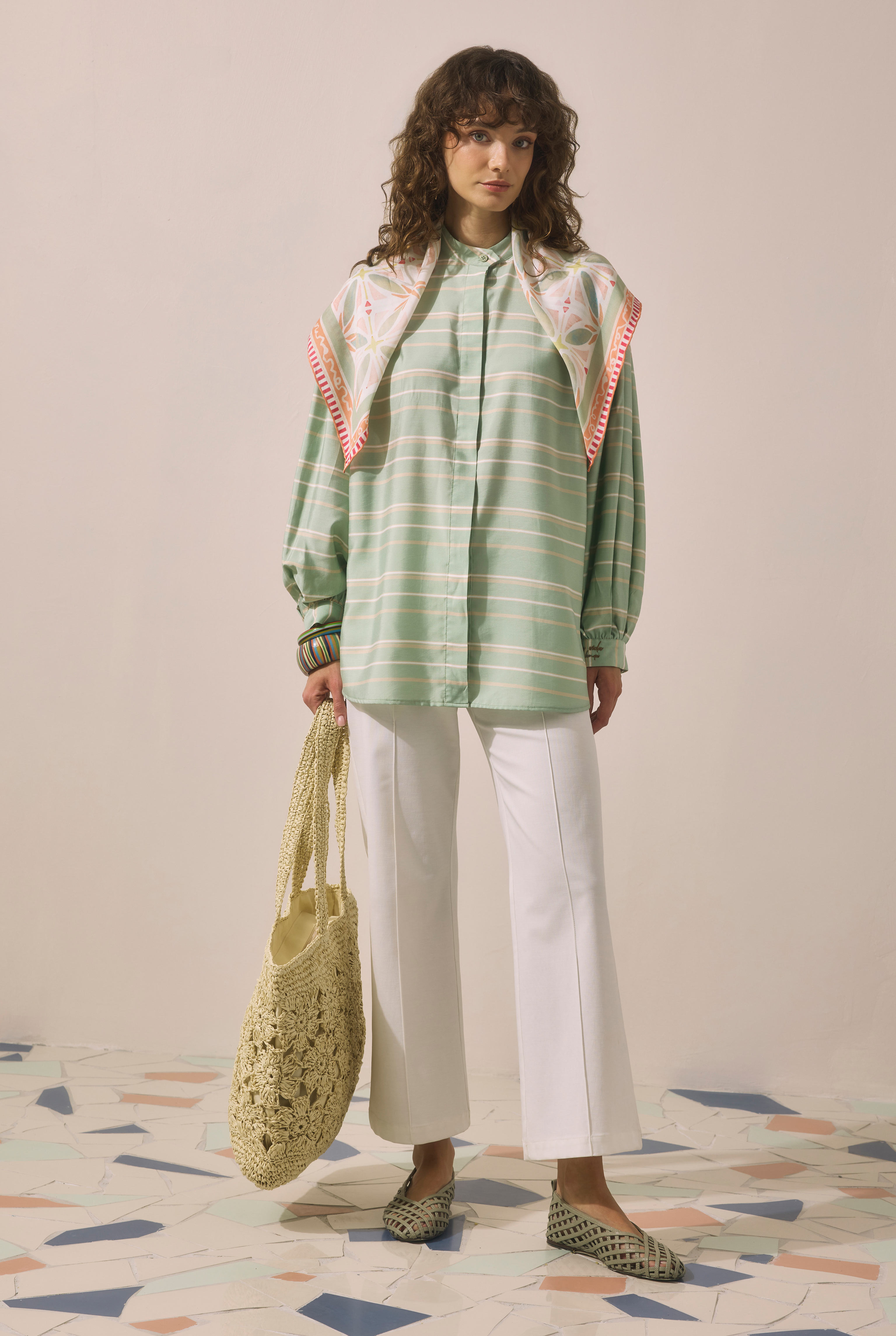 Striped Balloon Sleeve Shirt Mint - HE-QA