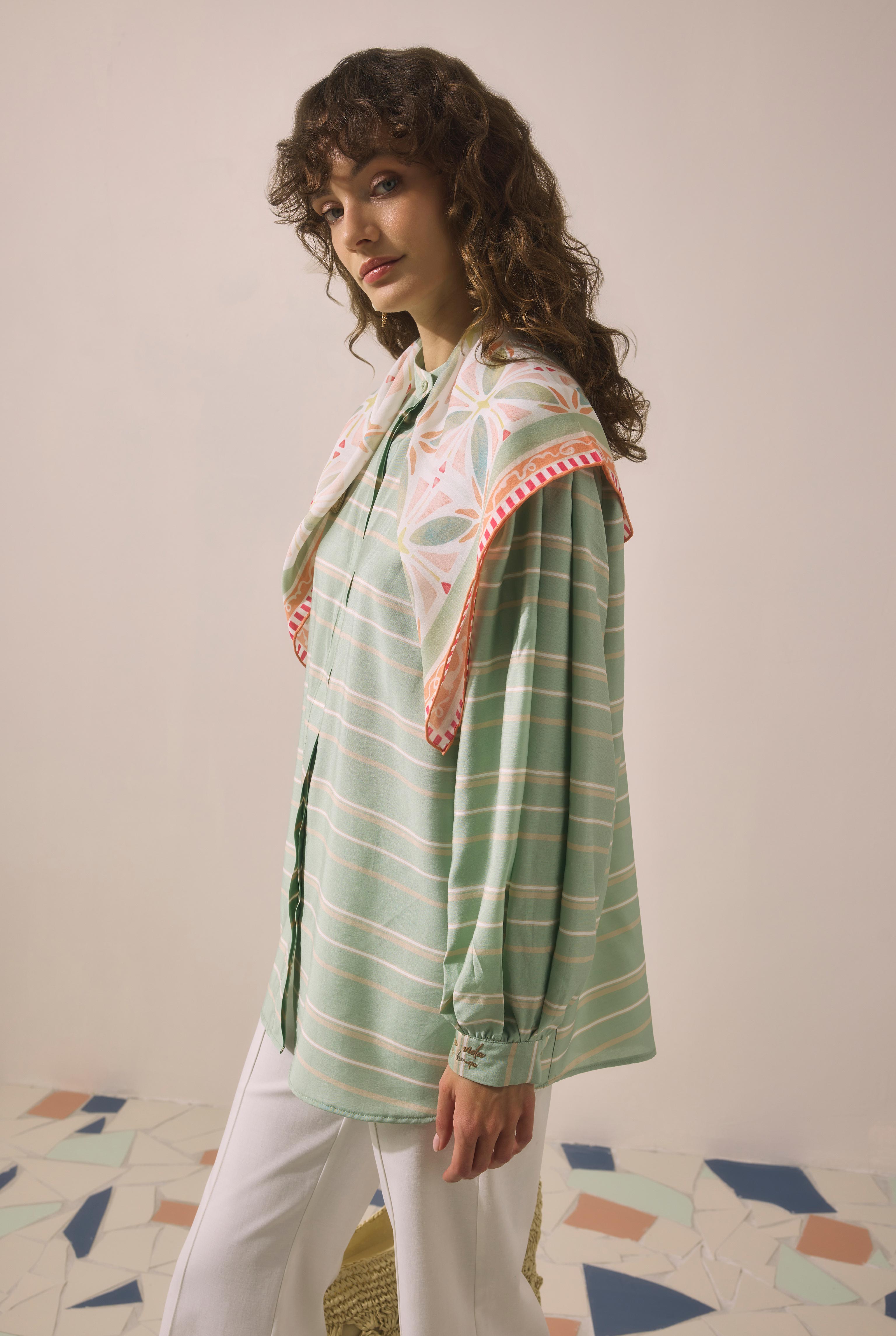 Striped Balloon Sleeve Shirt Mint - 3