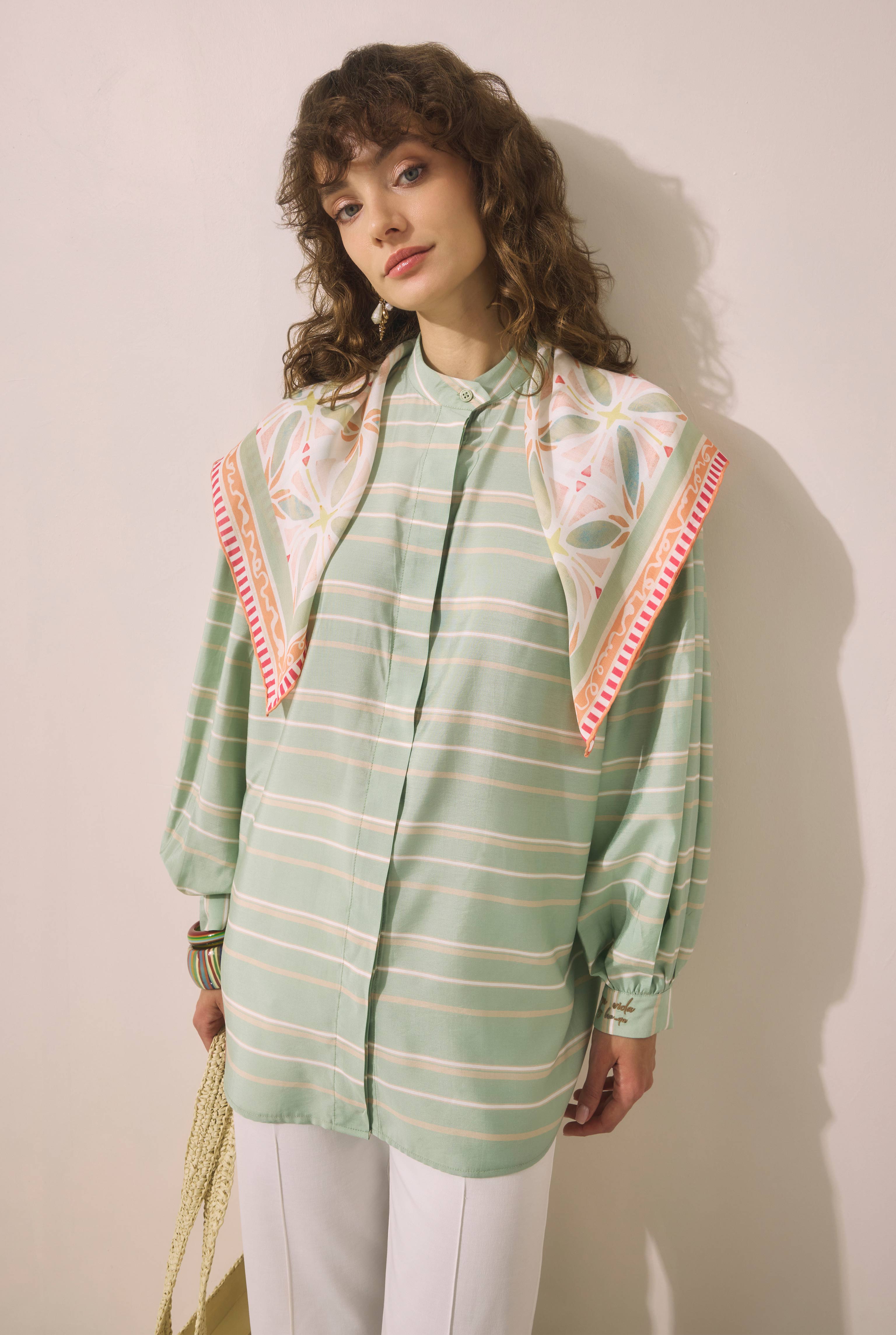 Striped Balloon Sleeve Shirt Mint - 4