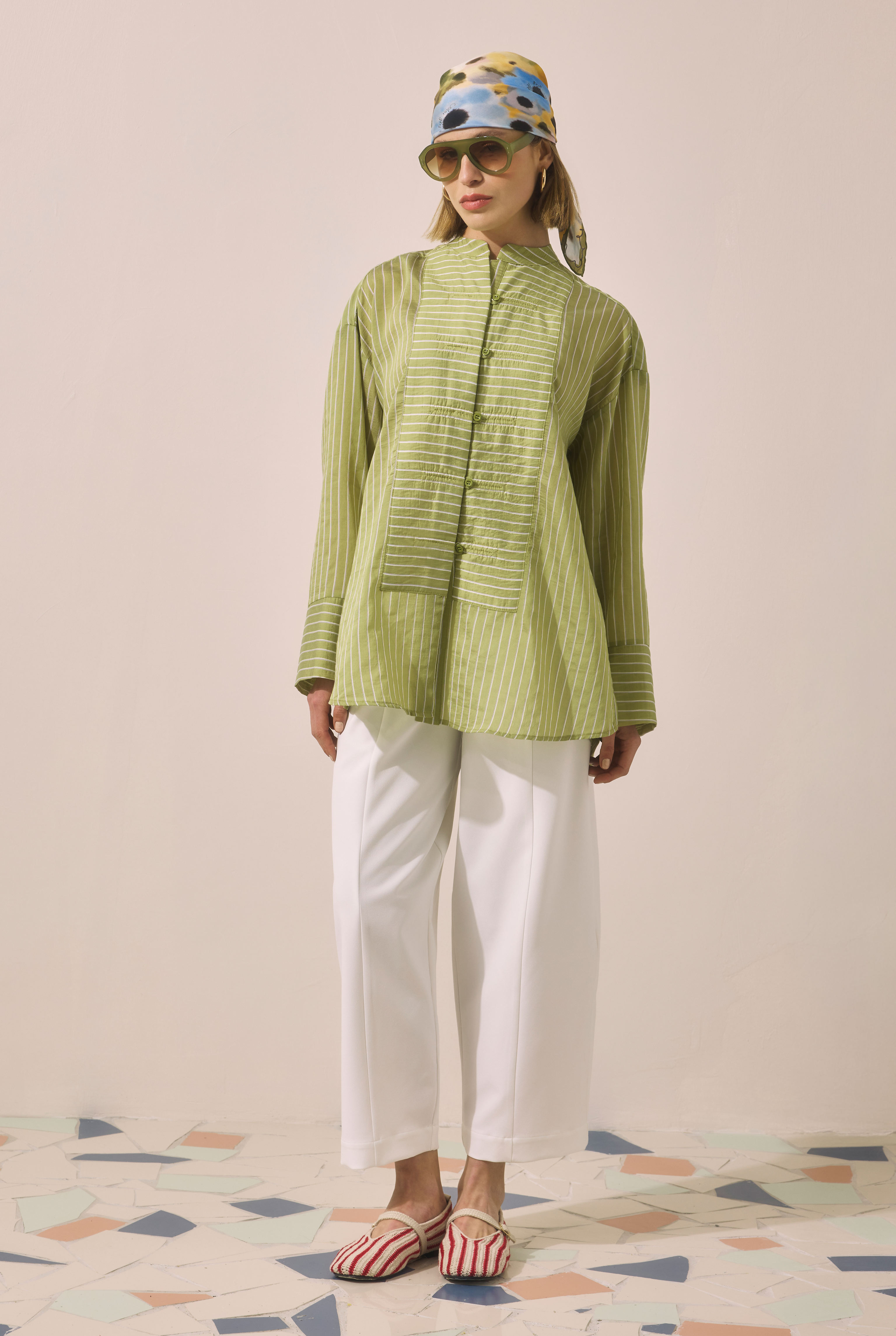 Loop Detailed Shirt Green Striped - 2