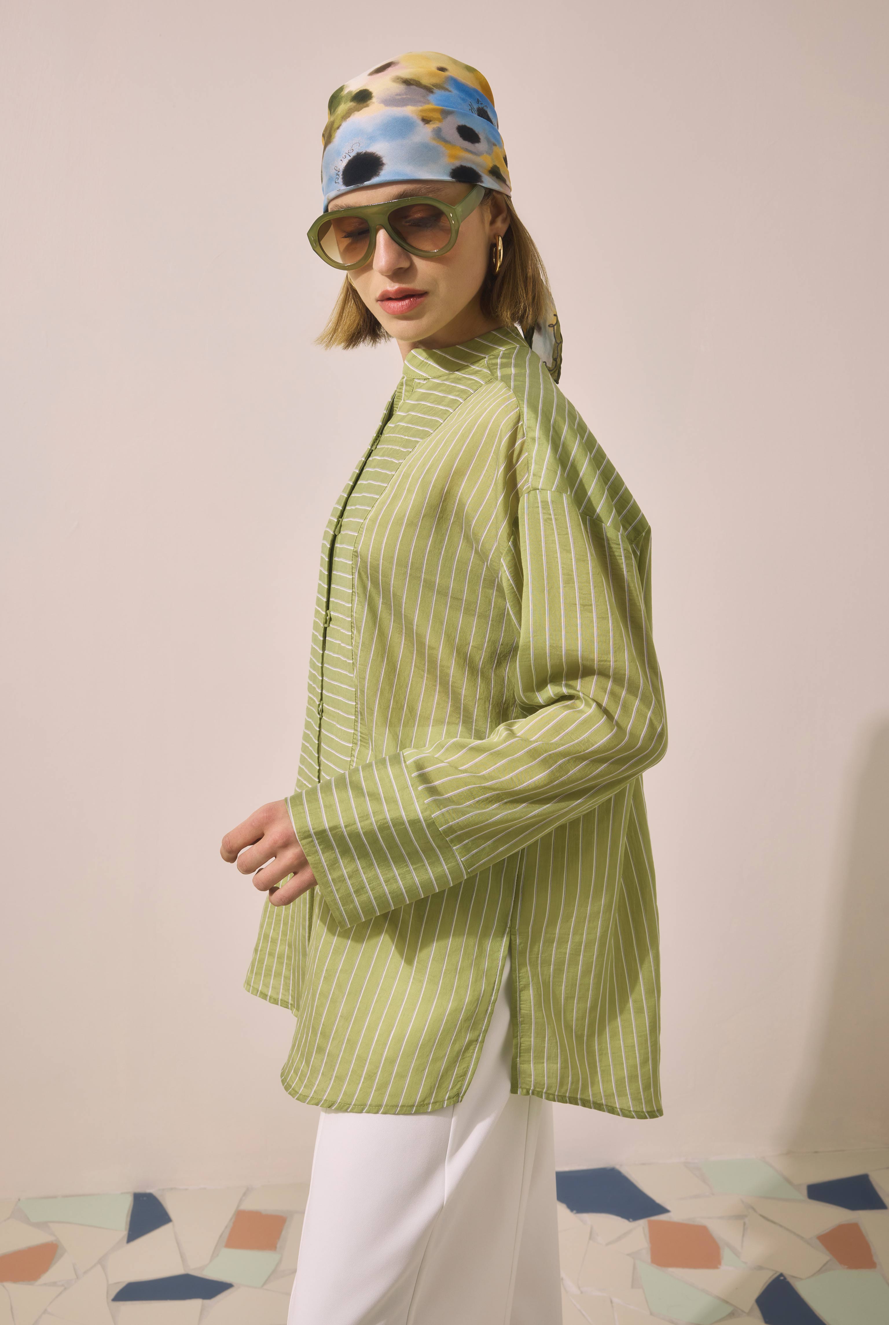 Loop Detailed Shirt Green Striped - 3