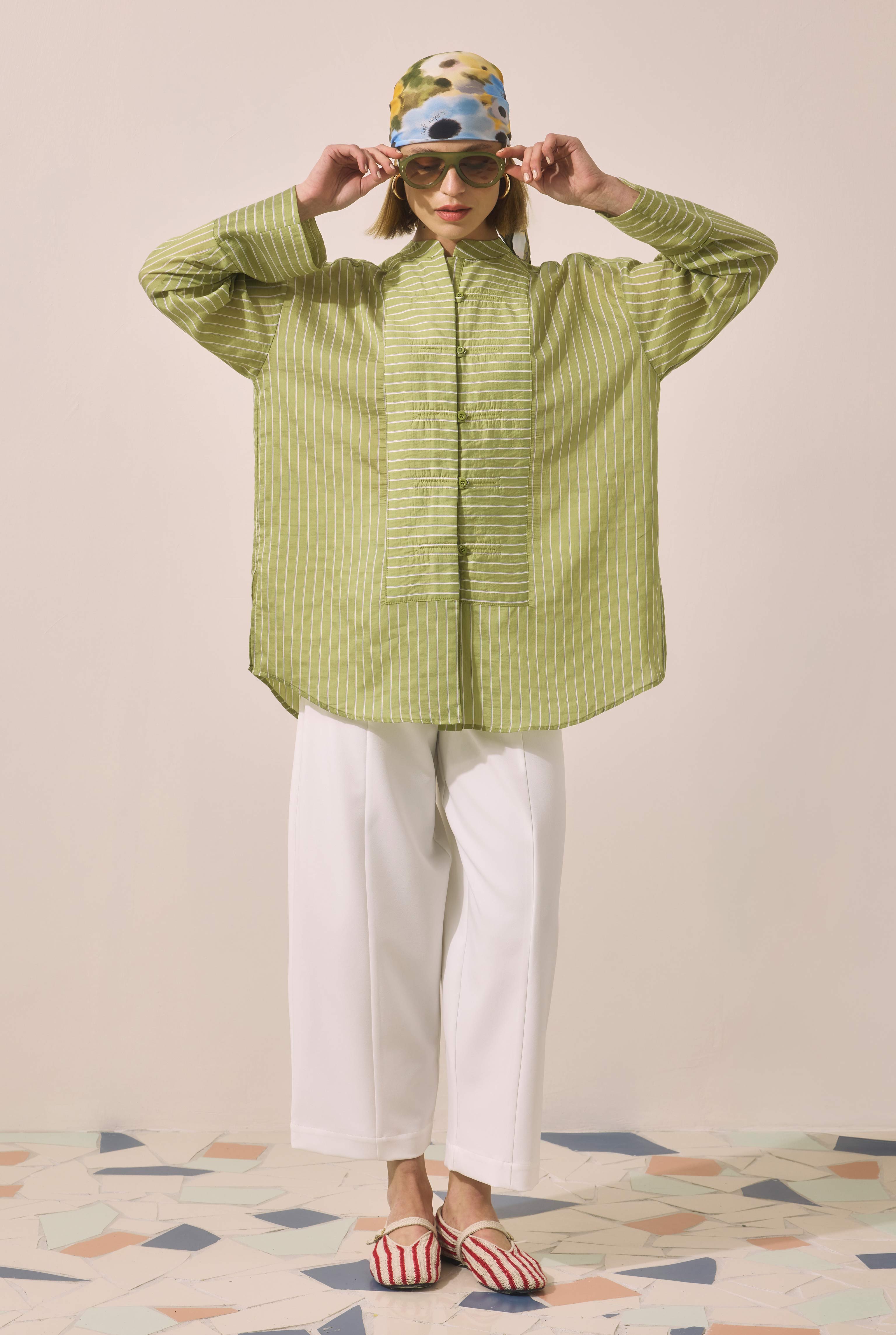 Loop Detailed Shirt Green Striped - 6