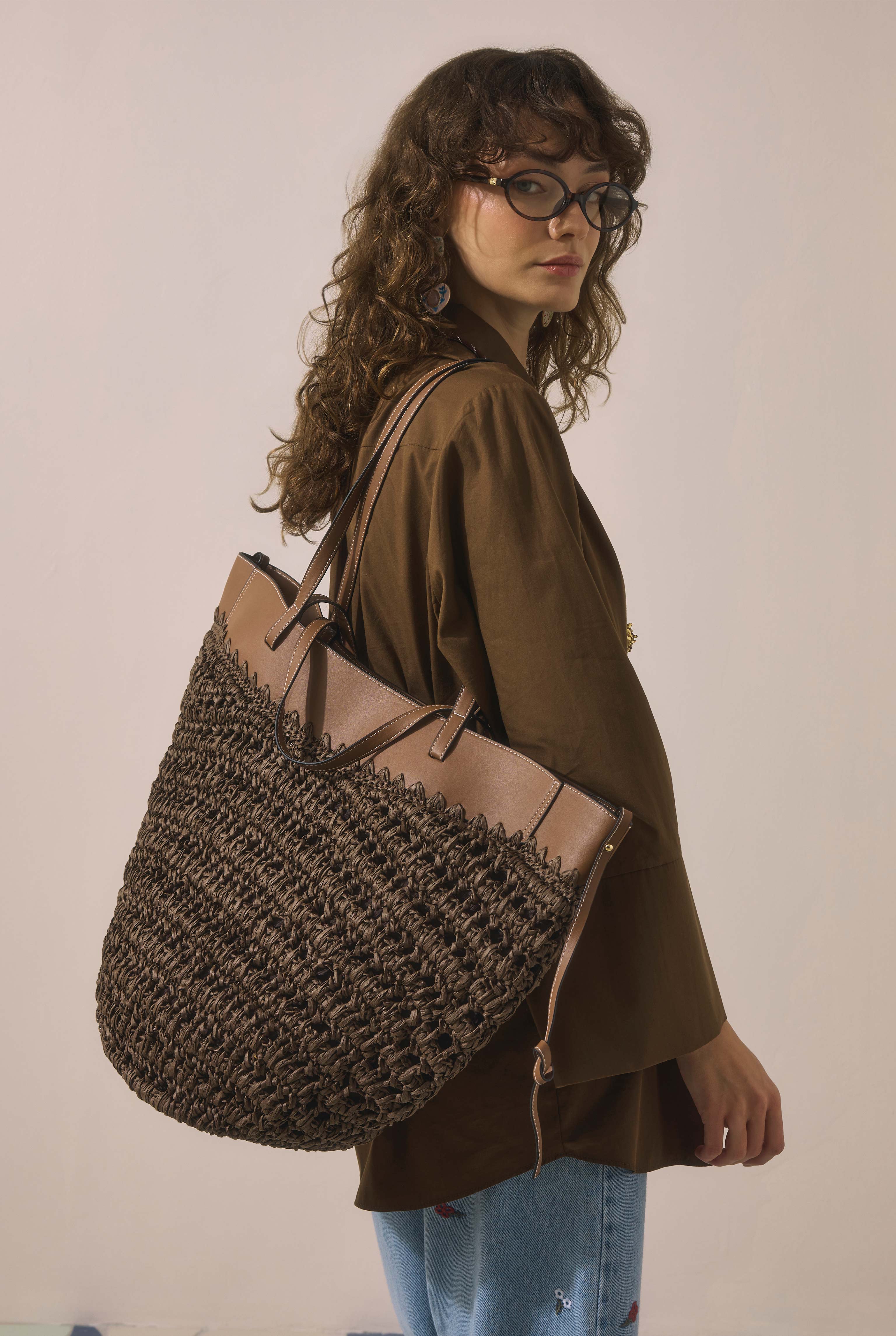 Woven Raffia Tote Bag Dark Brown - 2