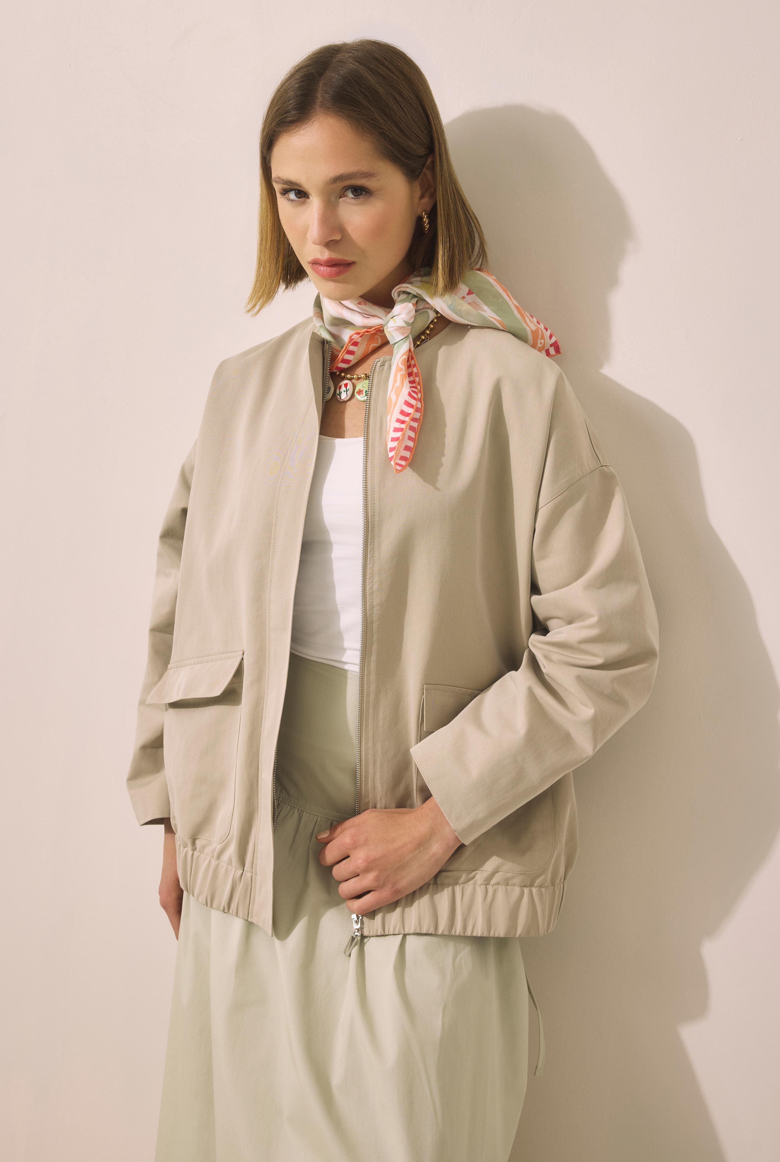 Canvas Bomber Jacket Sand Beige - 1