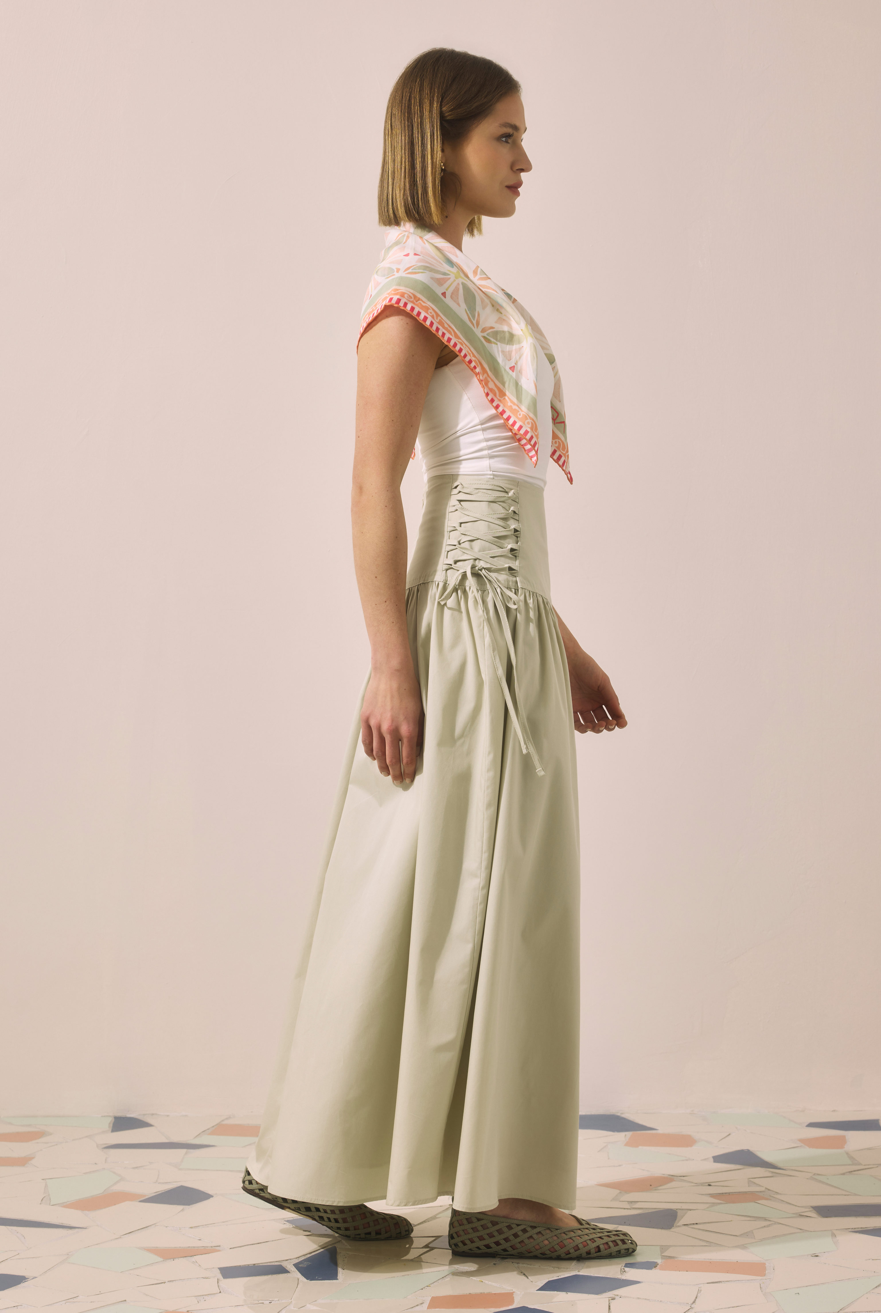Tie Detailed Poplin Skirt Light Sage Green - 4