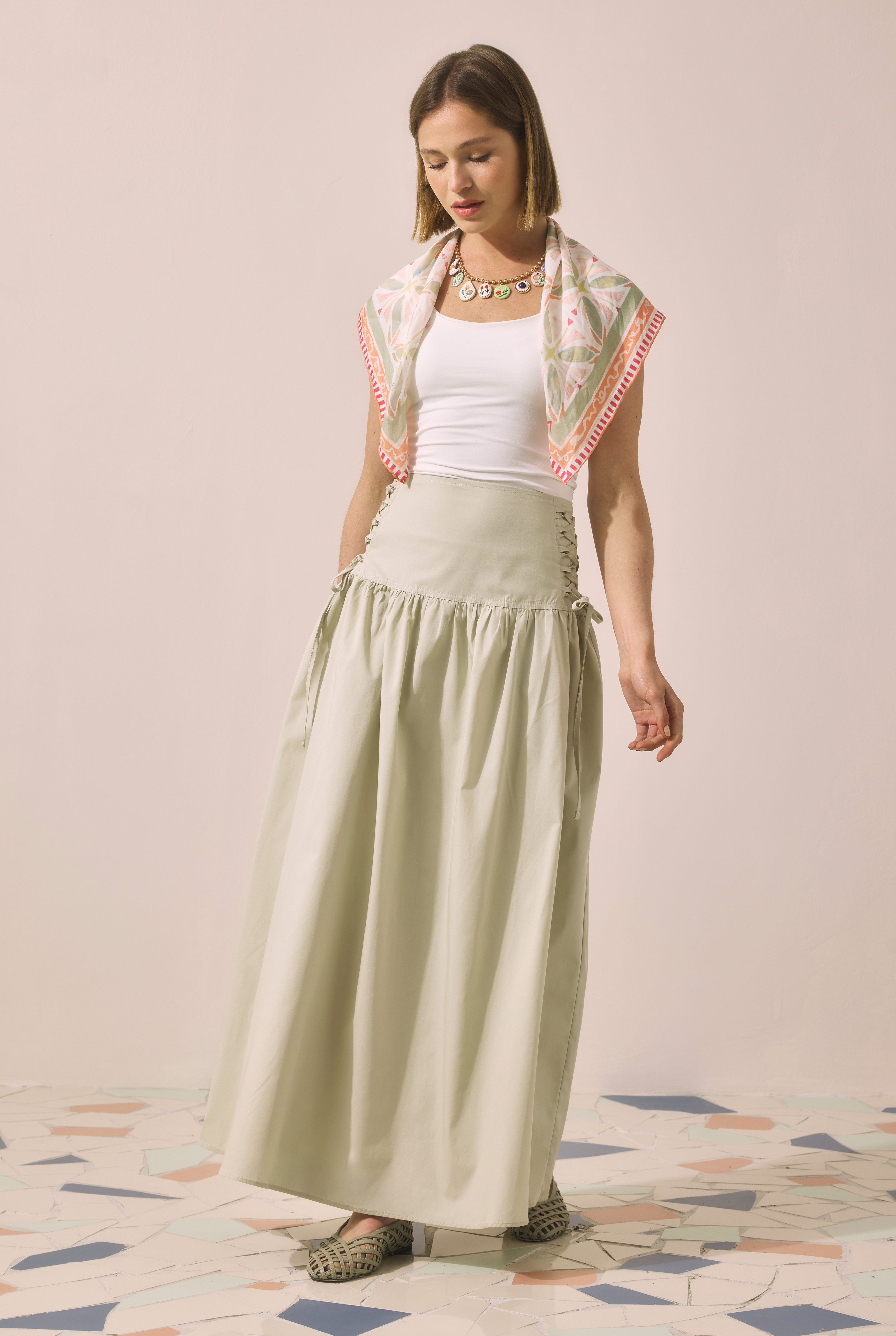 Tie Detailed Poplin Skirt Light Sage Green - 3