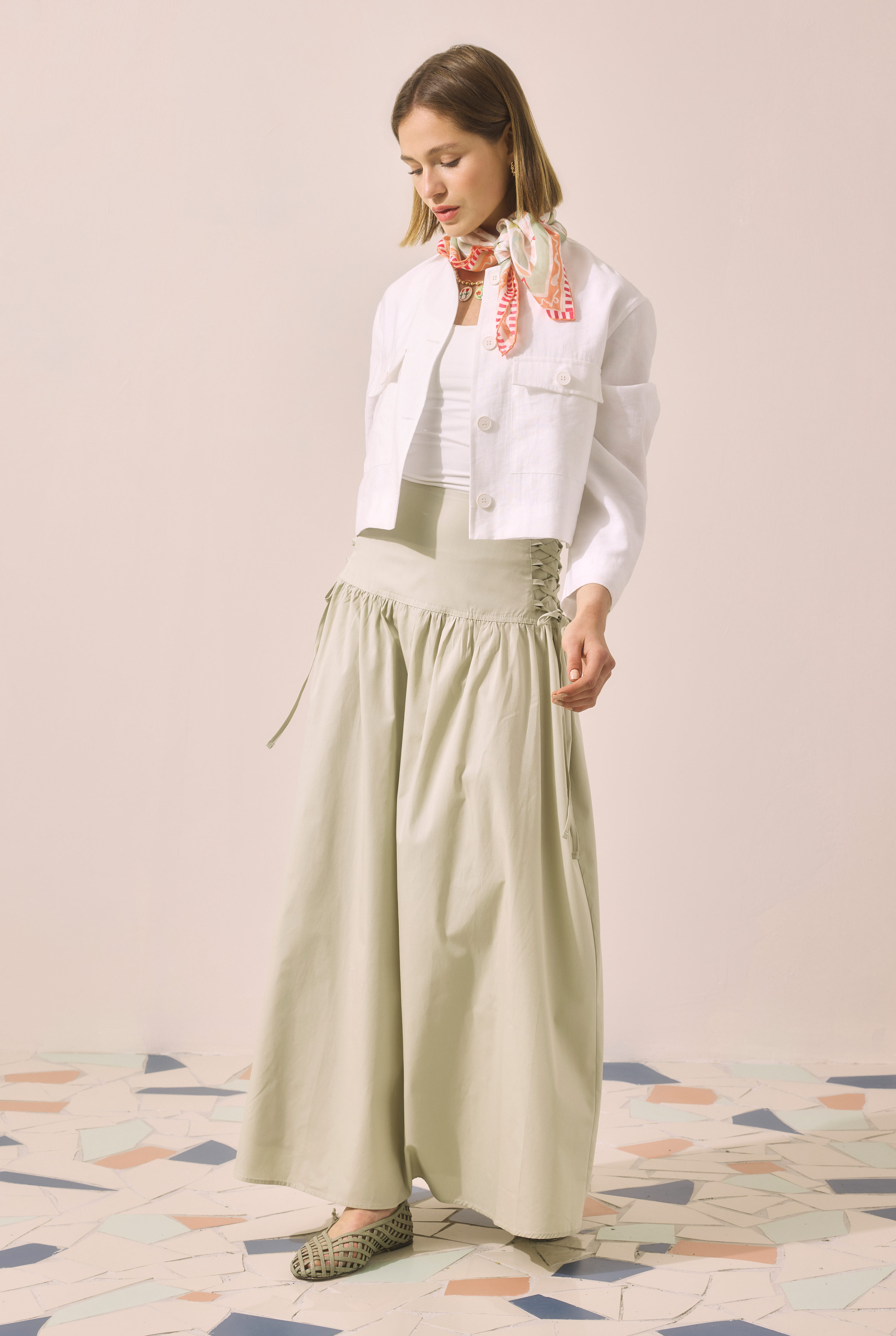 Tie Detailed Poplin Skirt Light Sage Green - HE-QA
