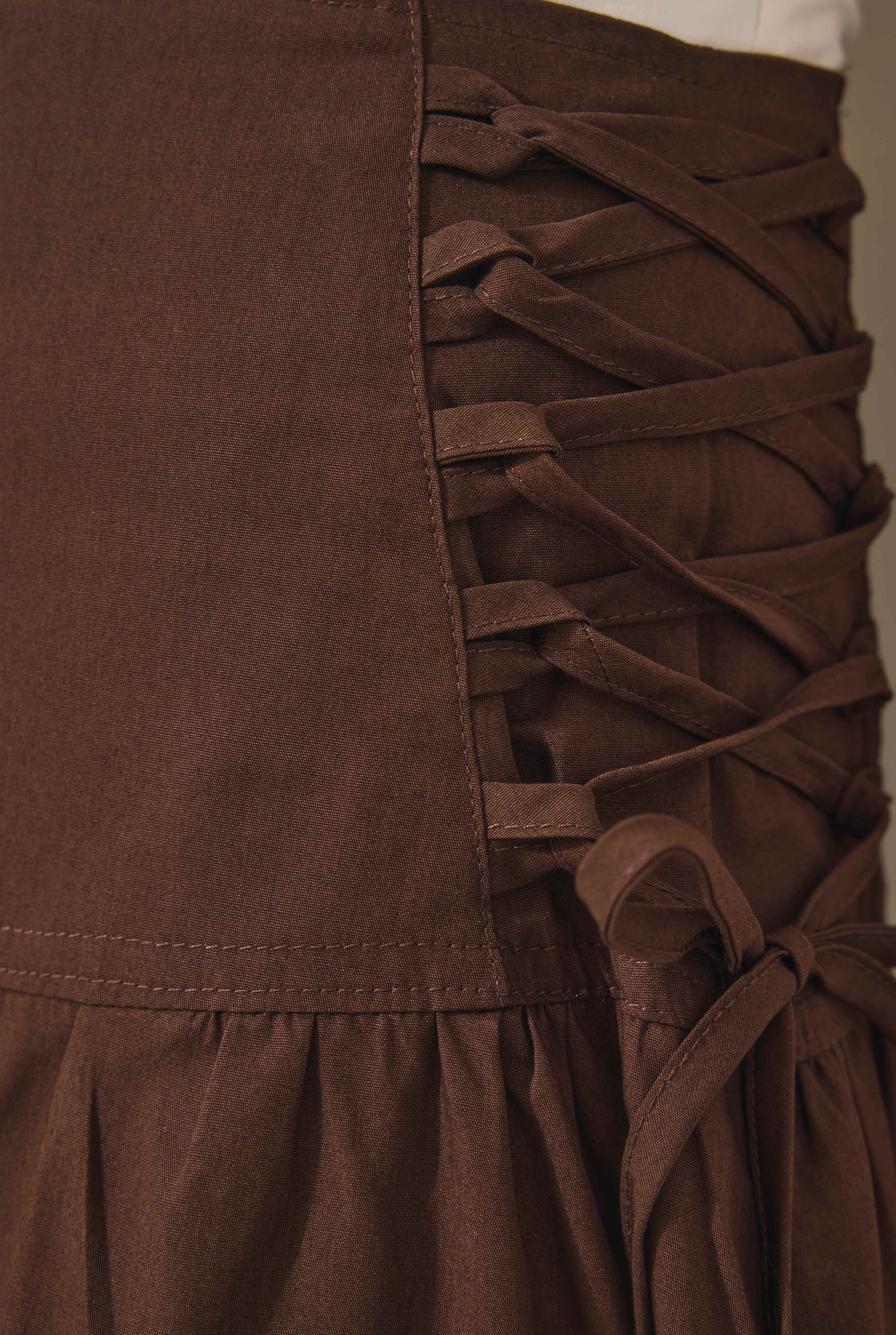 Tie Detailed Poplin Skirt Dark Brown - 4