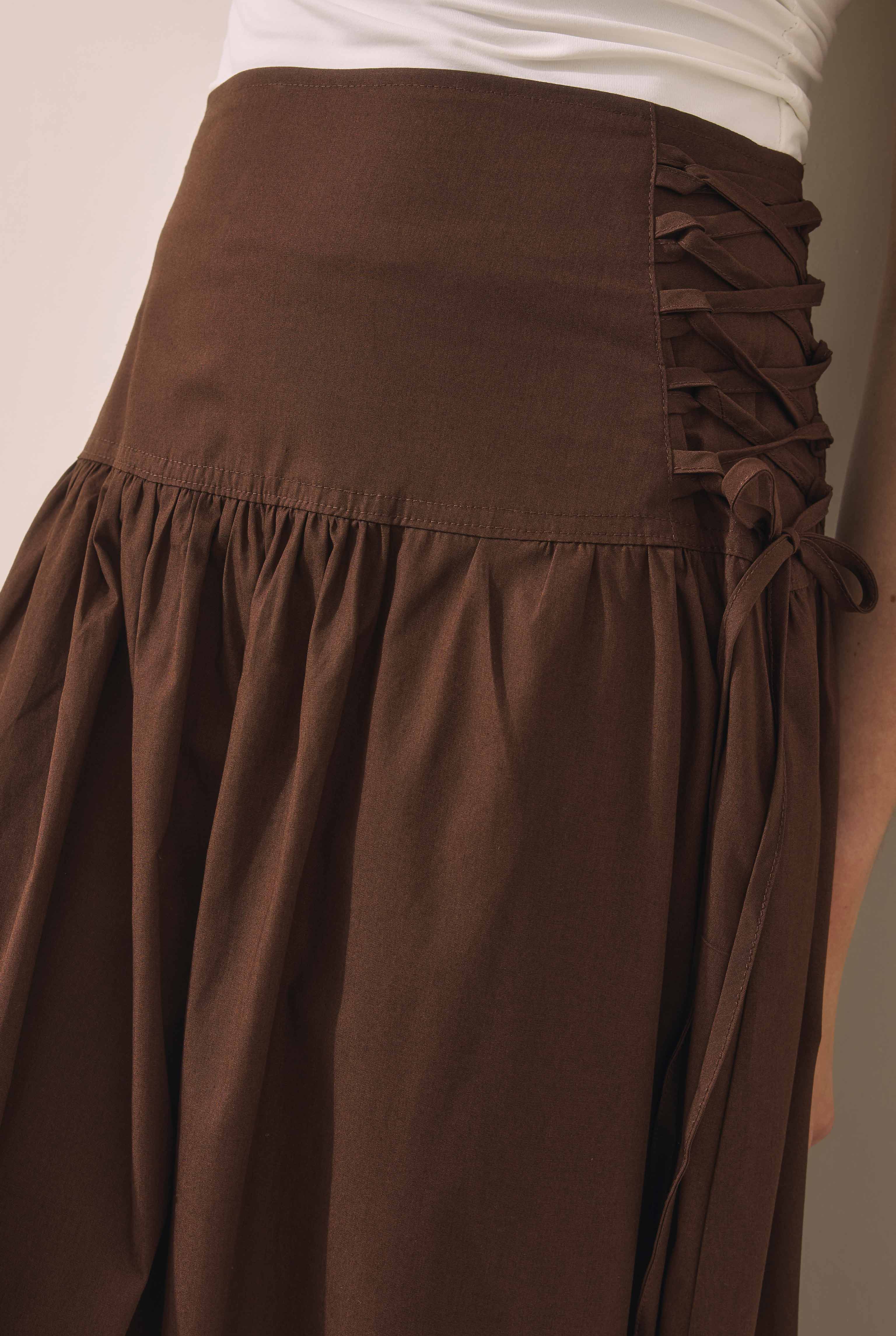 Tie Detailed Poplin Skirt Dark Brown - 3