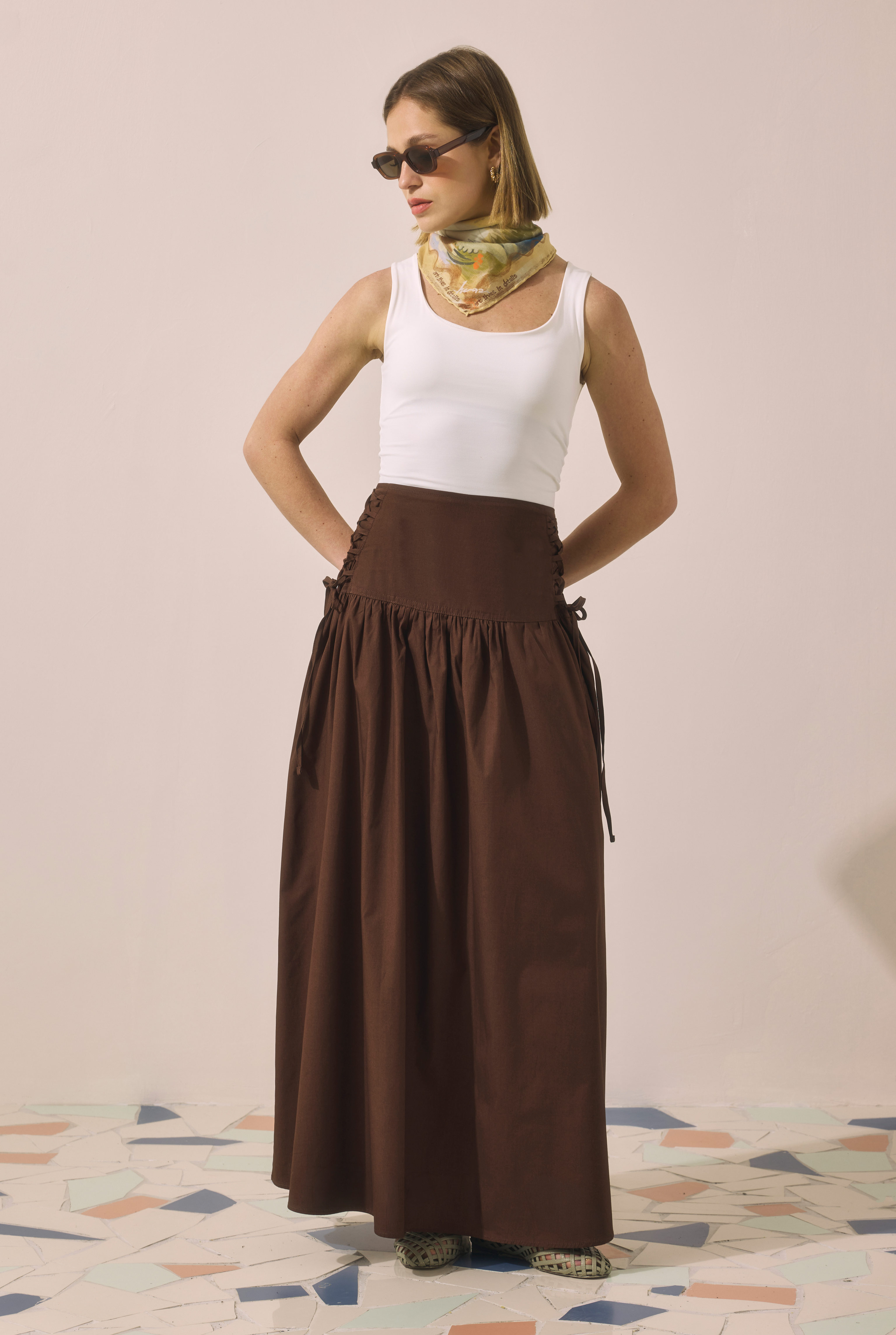 Tie Detailed Poplin Skirt Dark Brown - 2