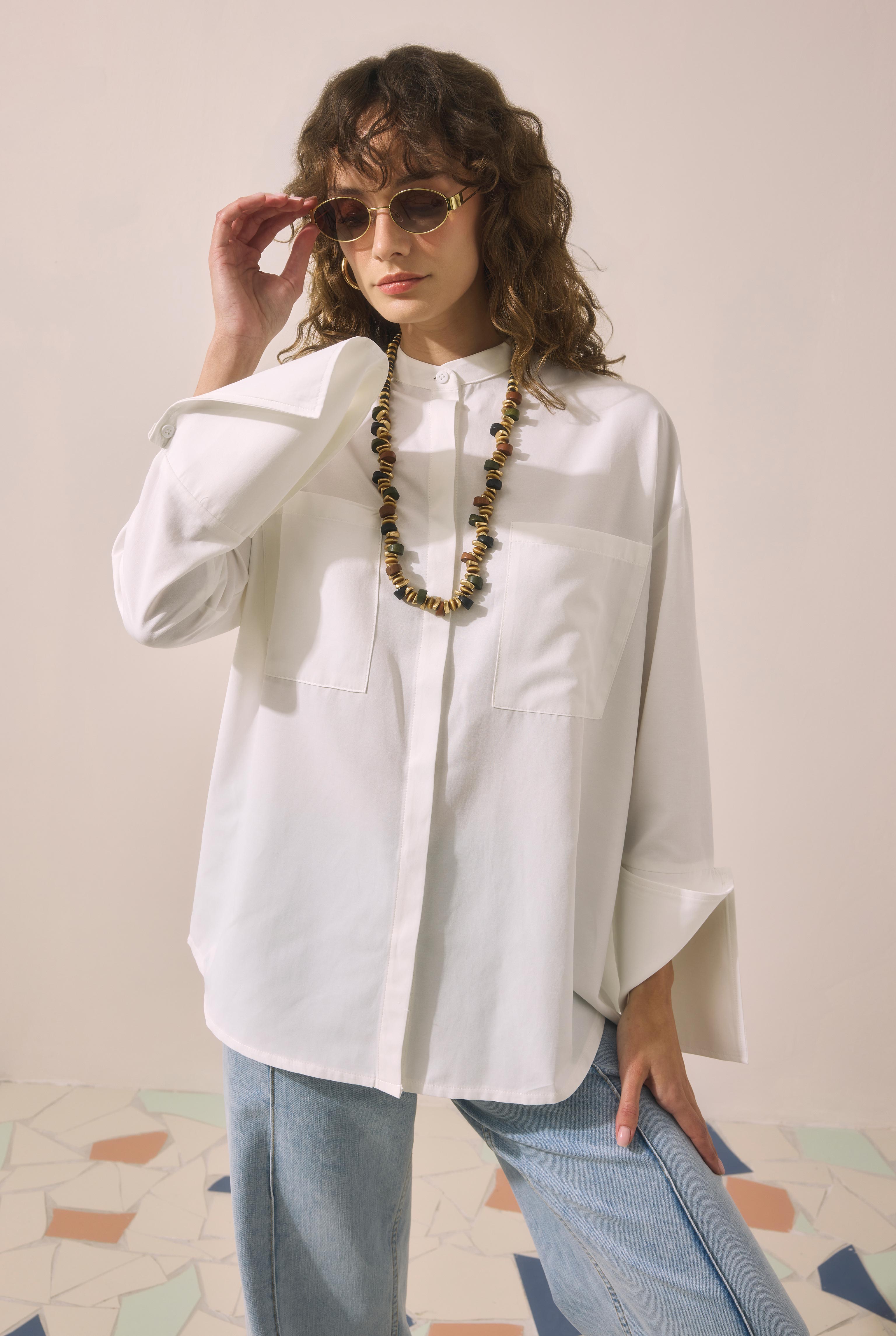 Cuff Detailed Shirt Ecru - HE-QA