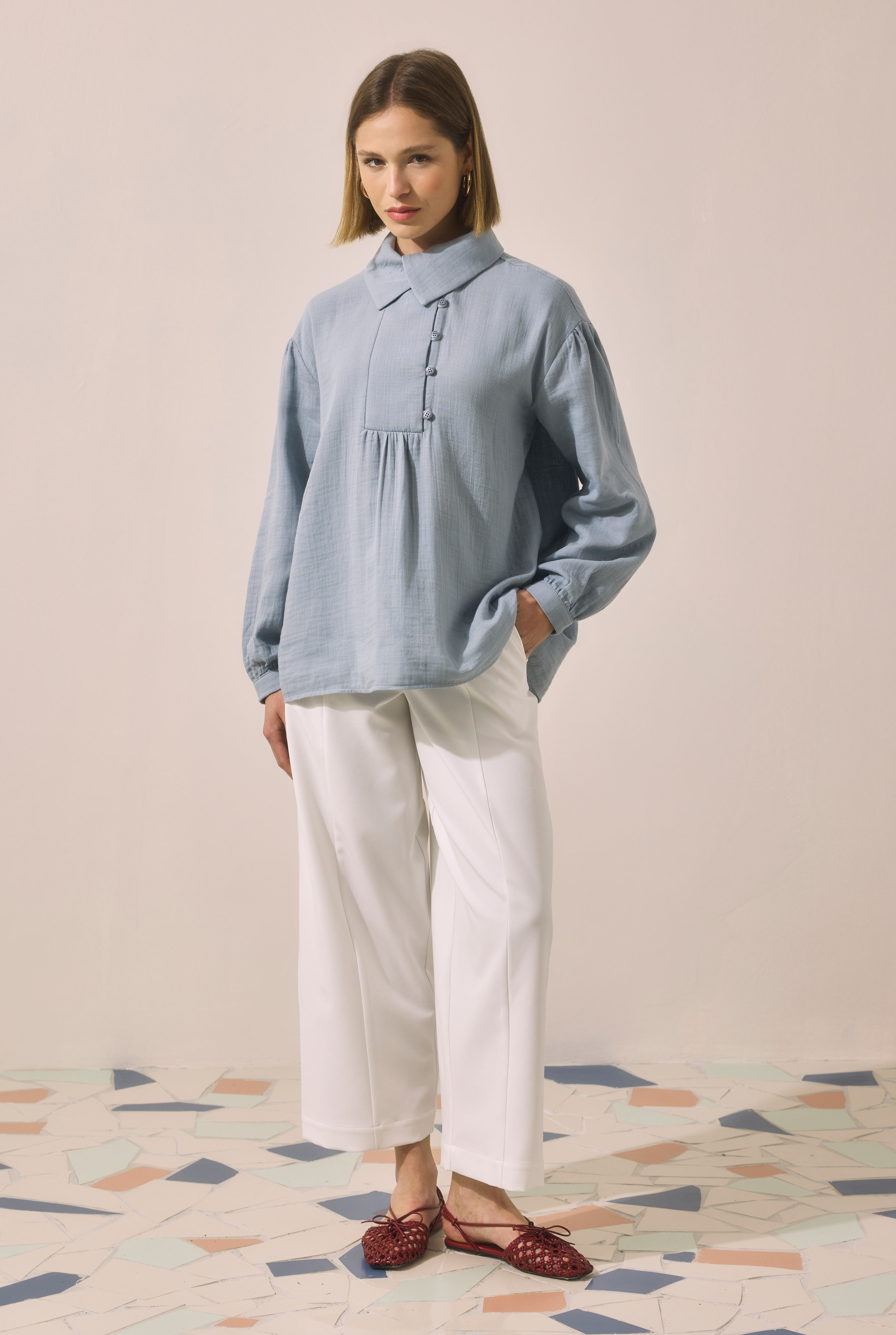 Placket Detailed Tunic Pastel Blue - 2
