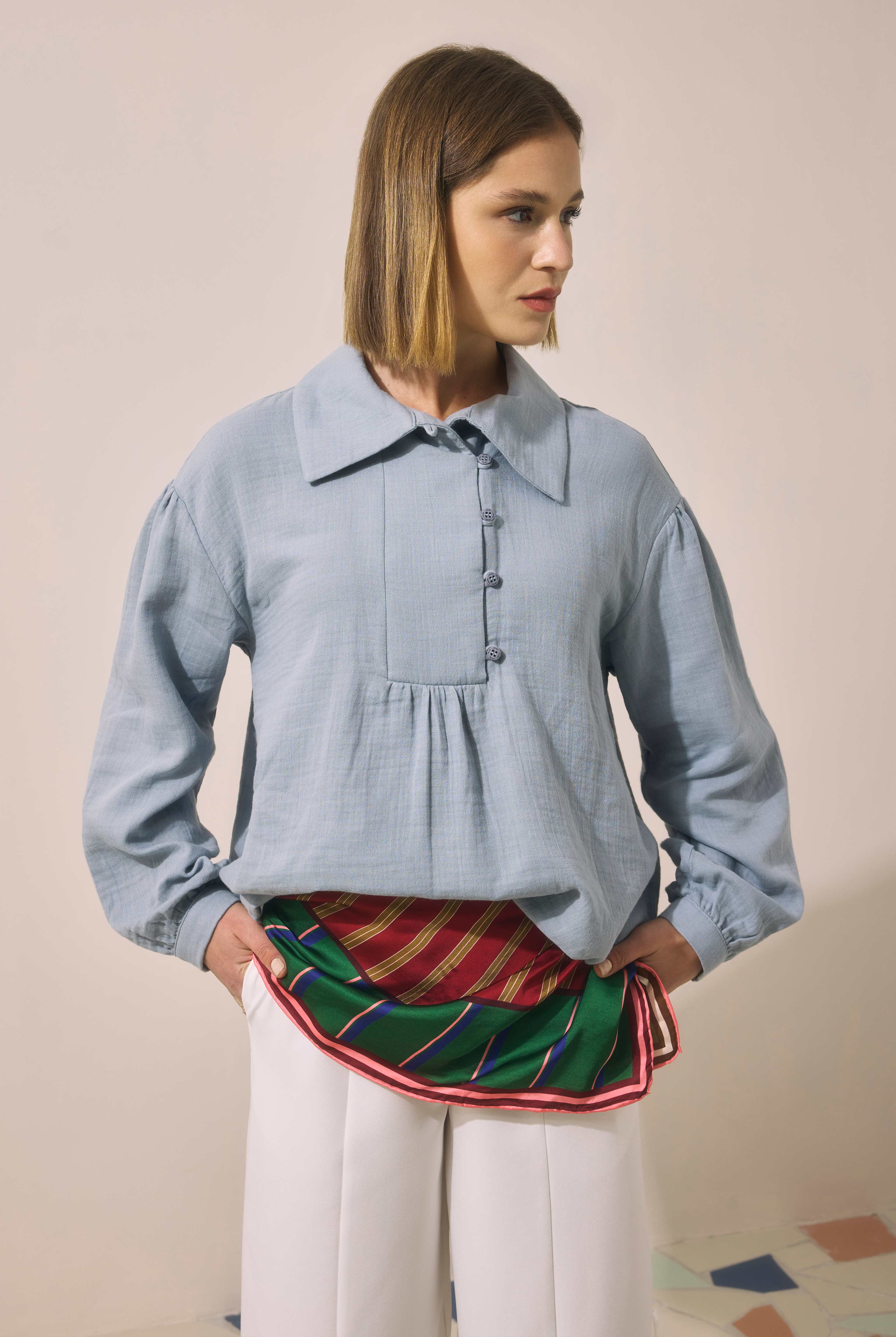 Placket Detailed Tunic Pastel Blue - 5