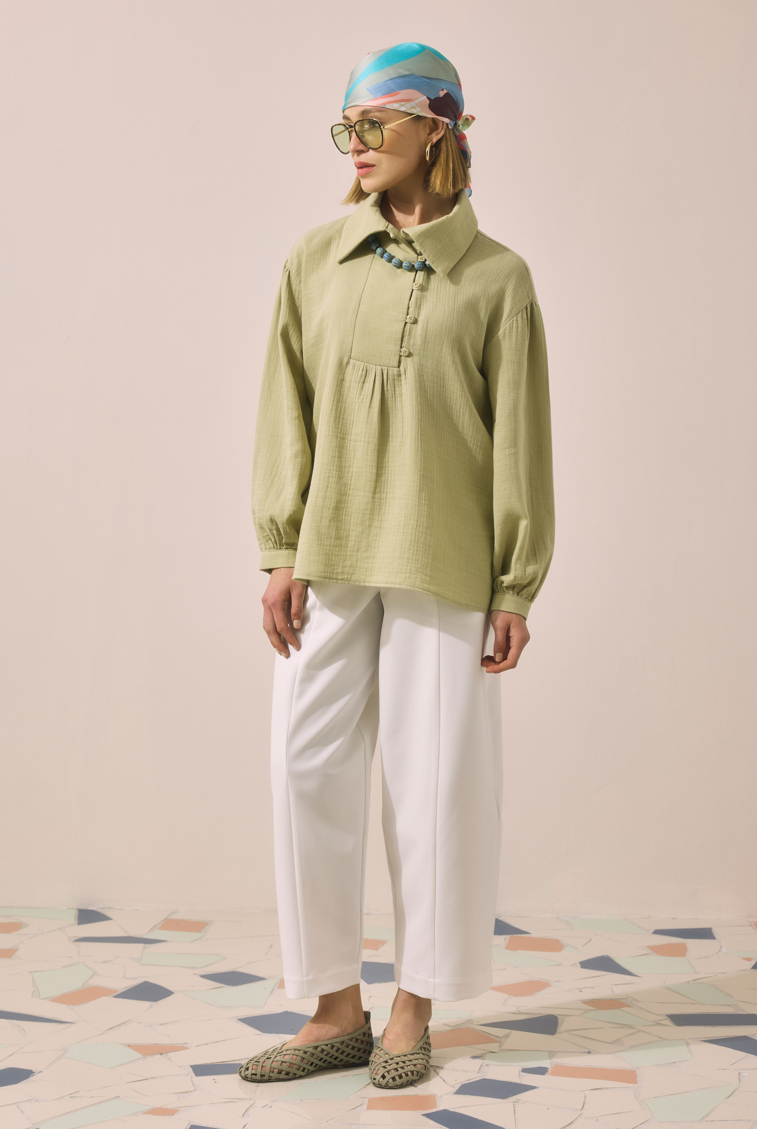 Placket Detailed Tunic Sage Green - 2