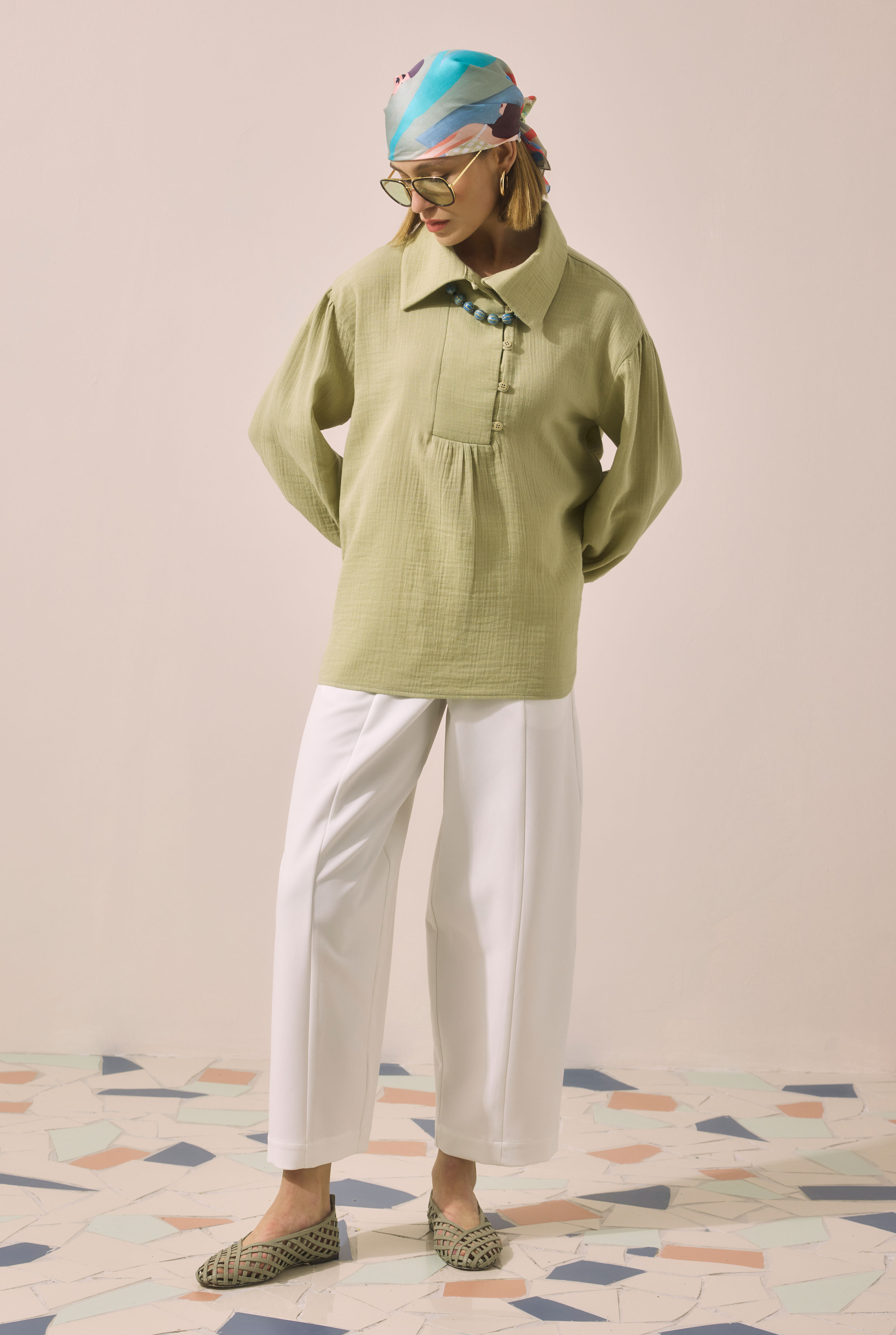 Placket Detailed Tunic Sage Green - HE-QA