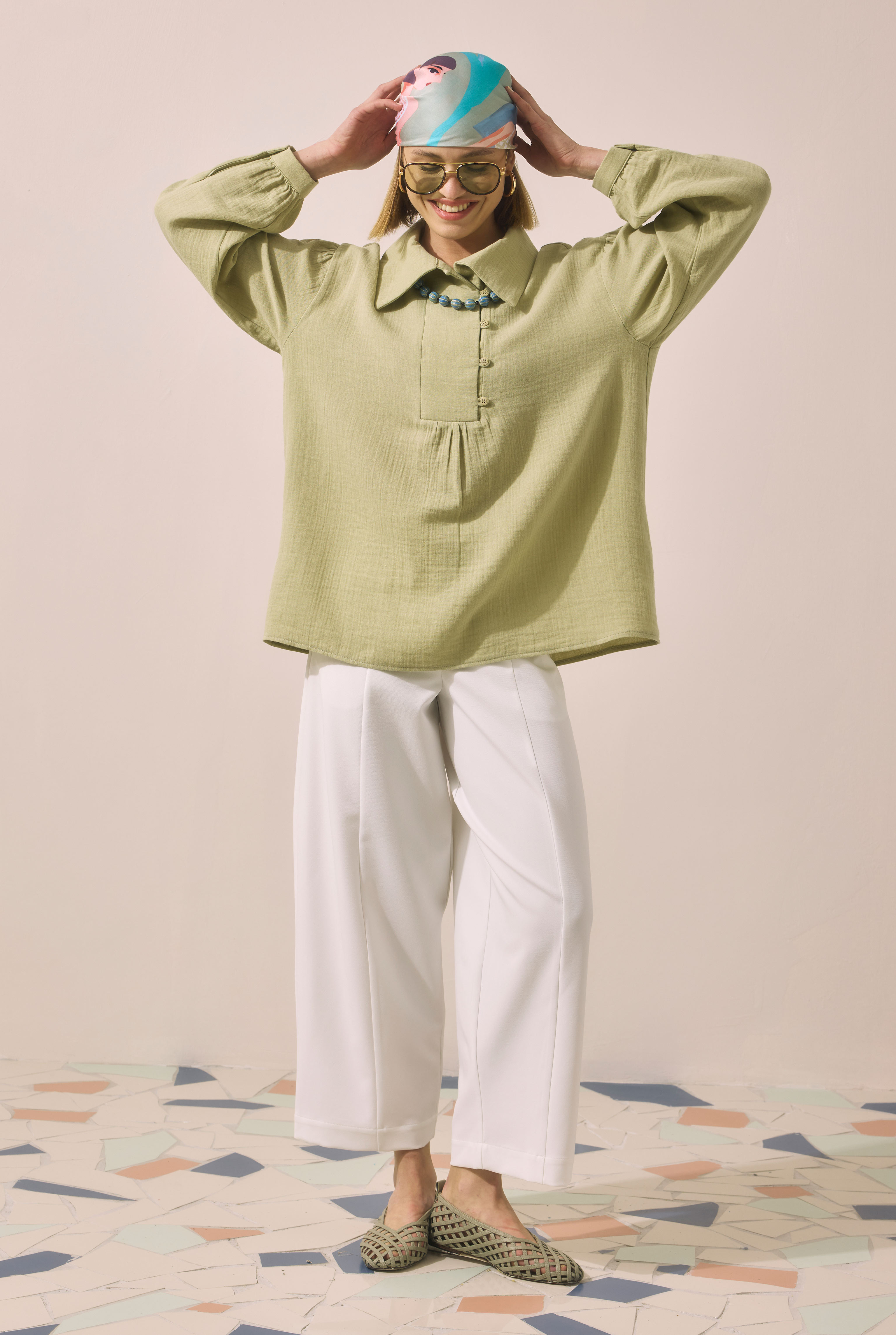 Placket Detailed Tunic Sage Green - 3