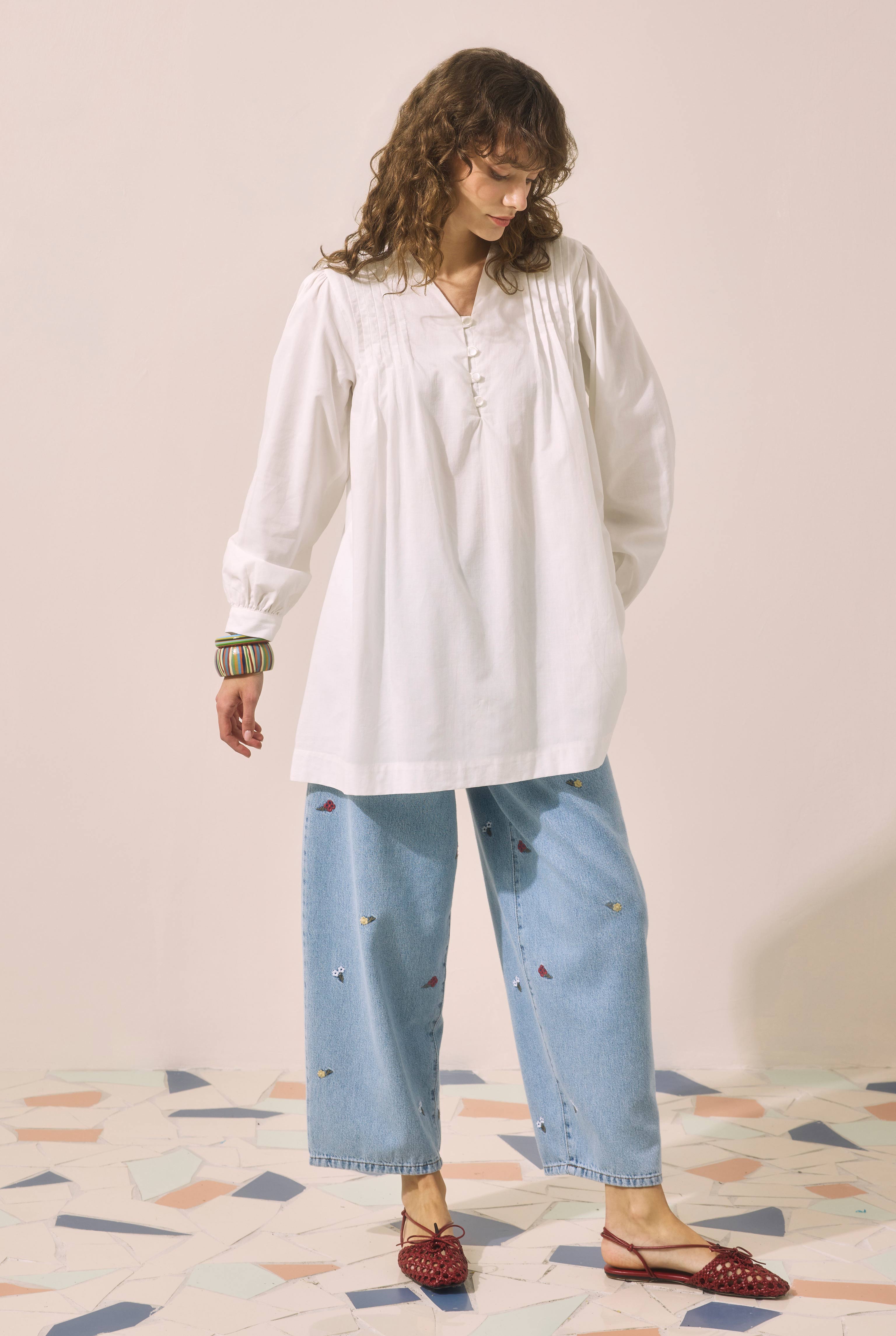 Pintuck Detail Voile Tunic Ecru - 1