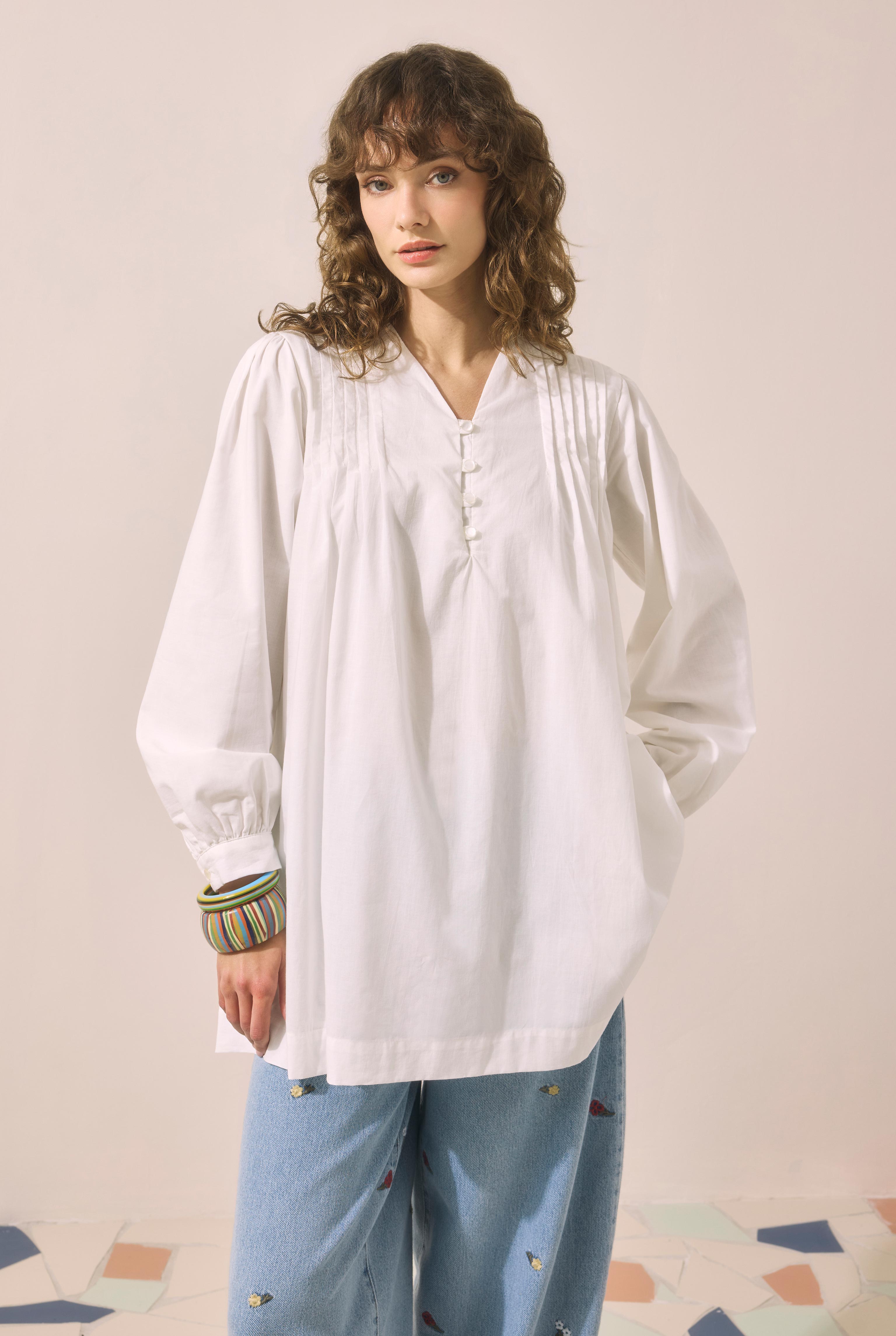 Pintuck Detail Voile Tunic Ecru - 3